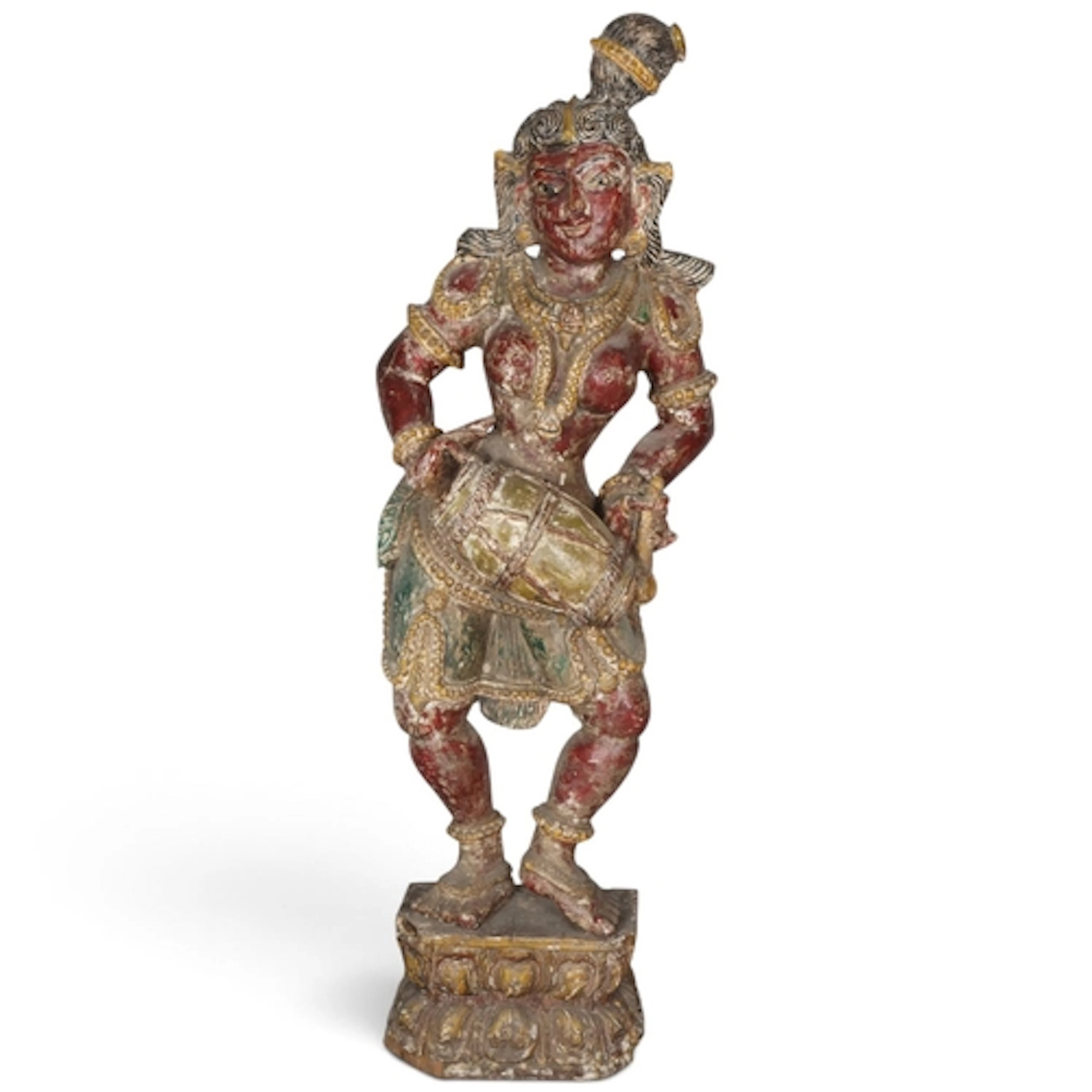 An Indian carved and painted wood figure of a musician, prob...