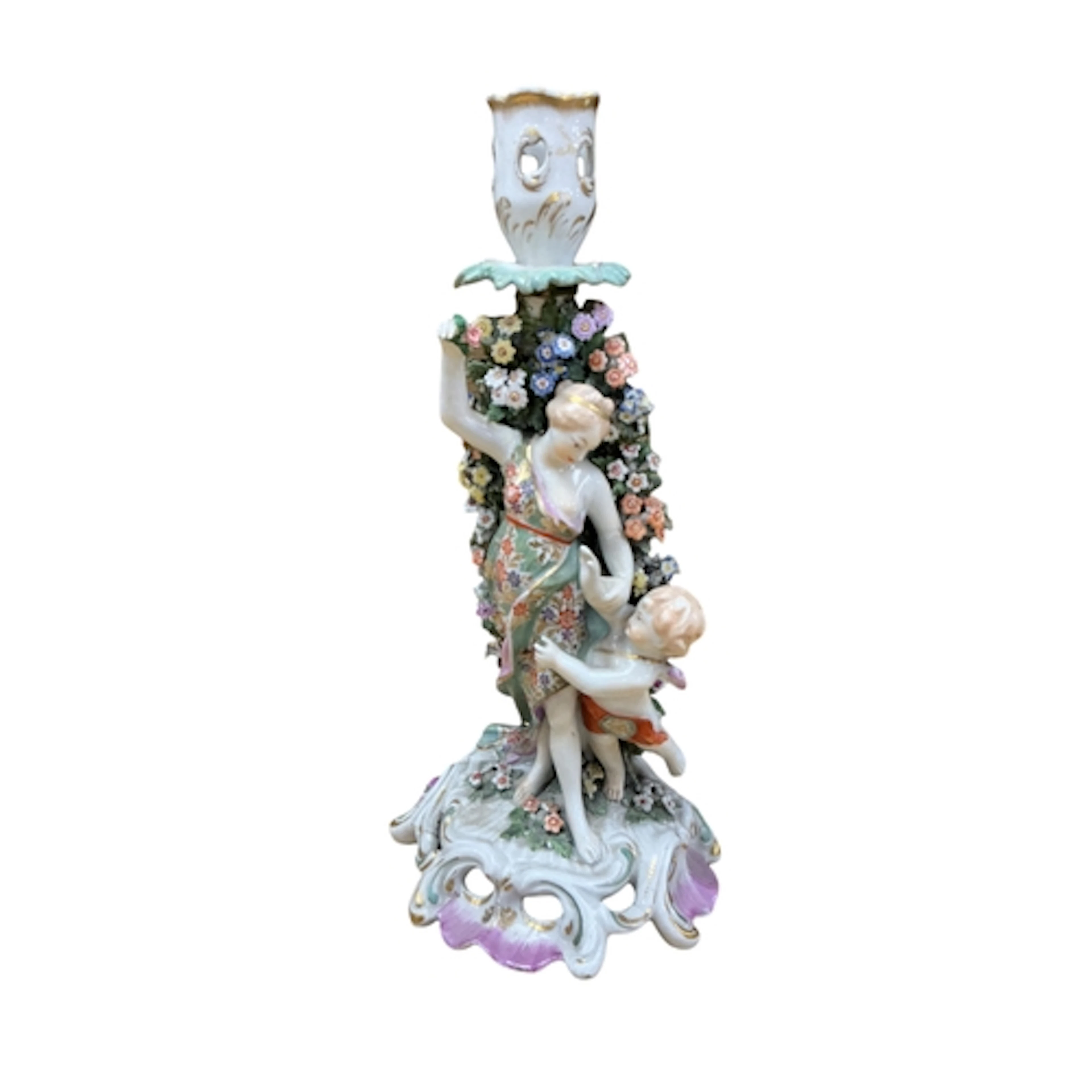 An 18th century Derby figural candlestick, Cupid and Psyche,...
