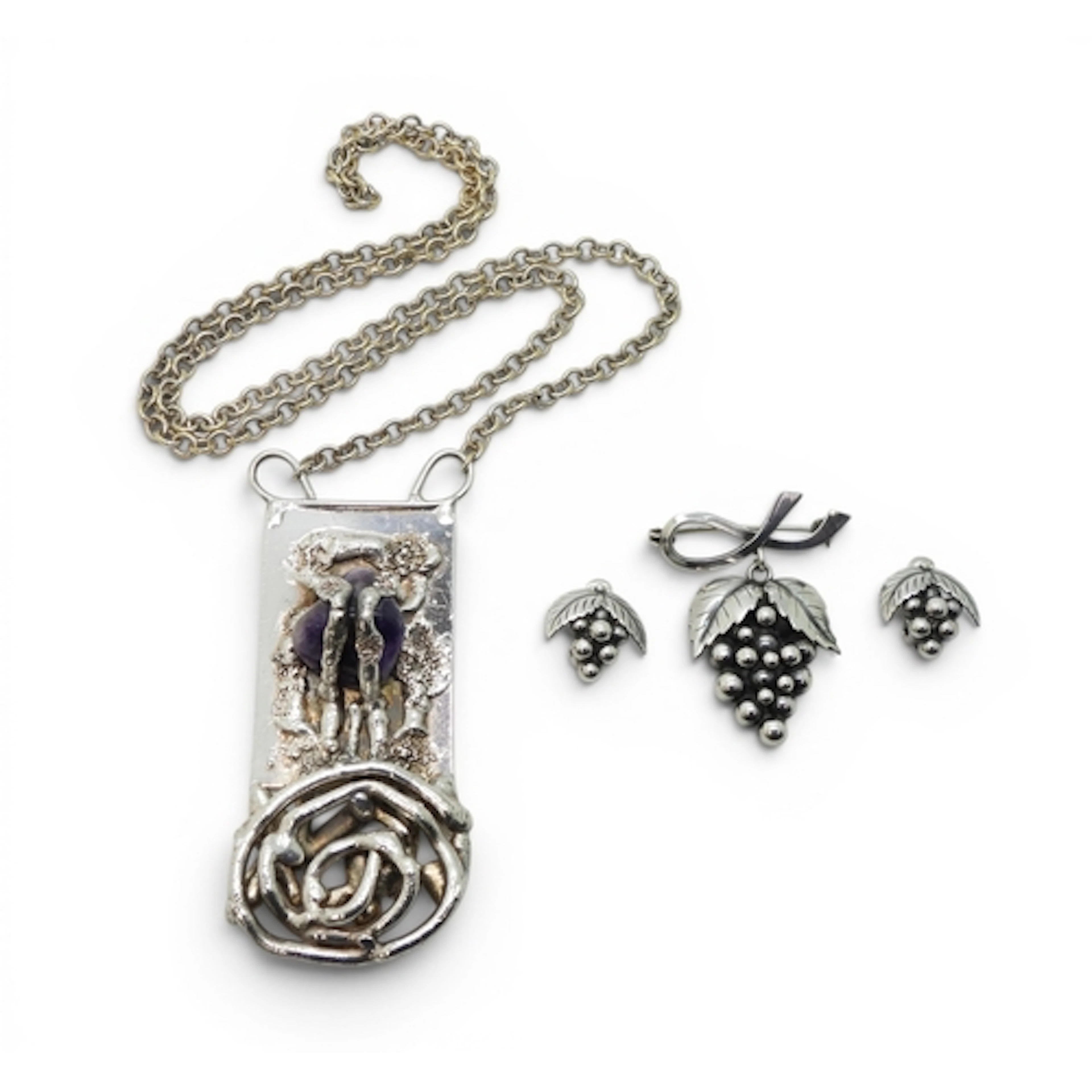DANISH JEWELS A silver bunch of grapes brooch and matching c...