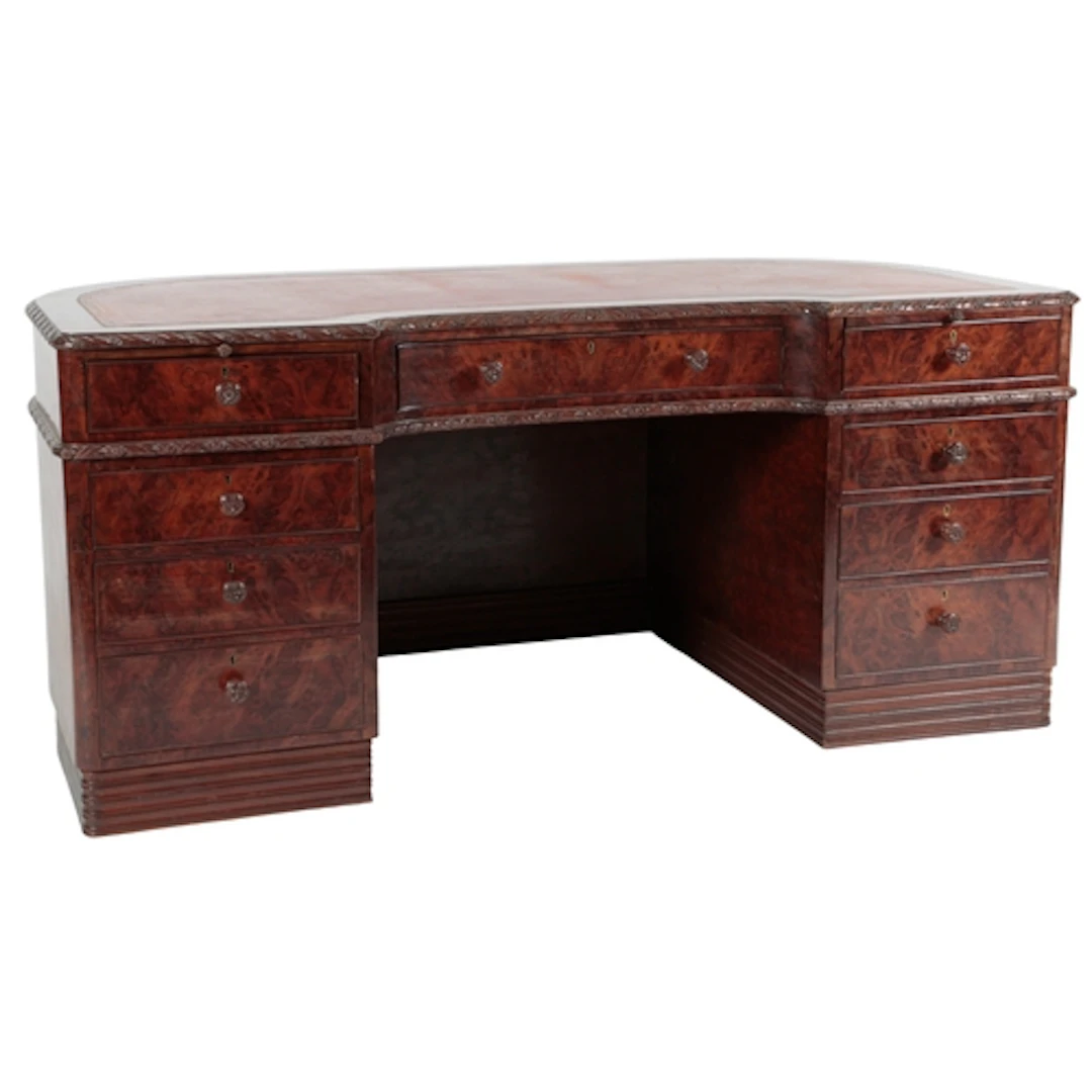 S. Hille & Co. Ltd., A burr walnut kidney shaped kneehole de...