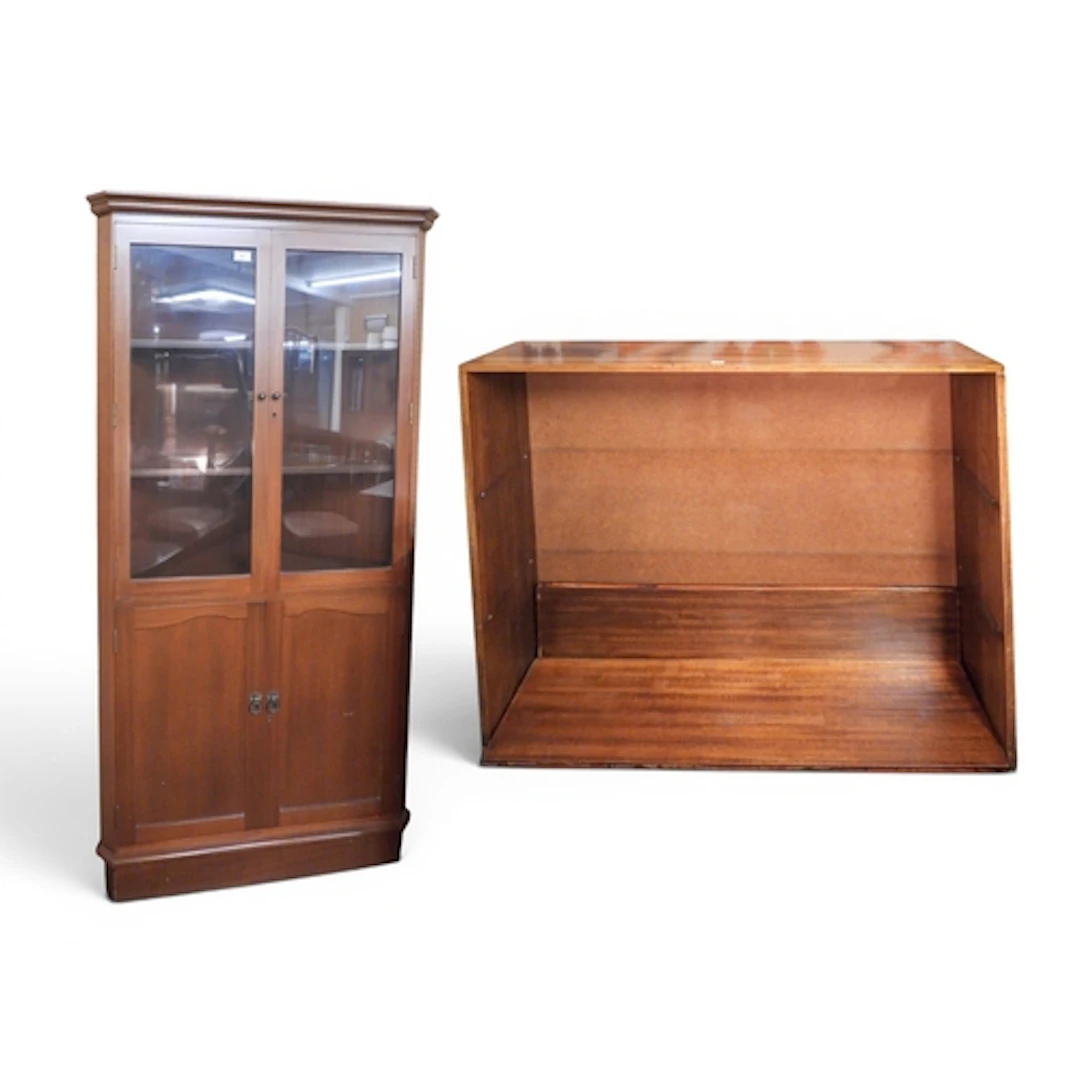 A lot comprising a teak glazed corner cabinet, 168cm high x ...