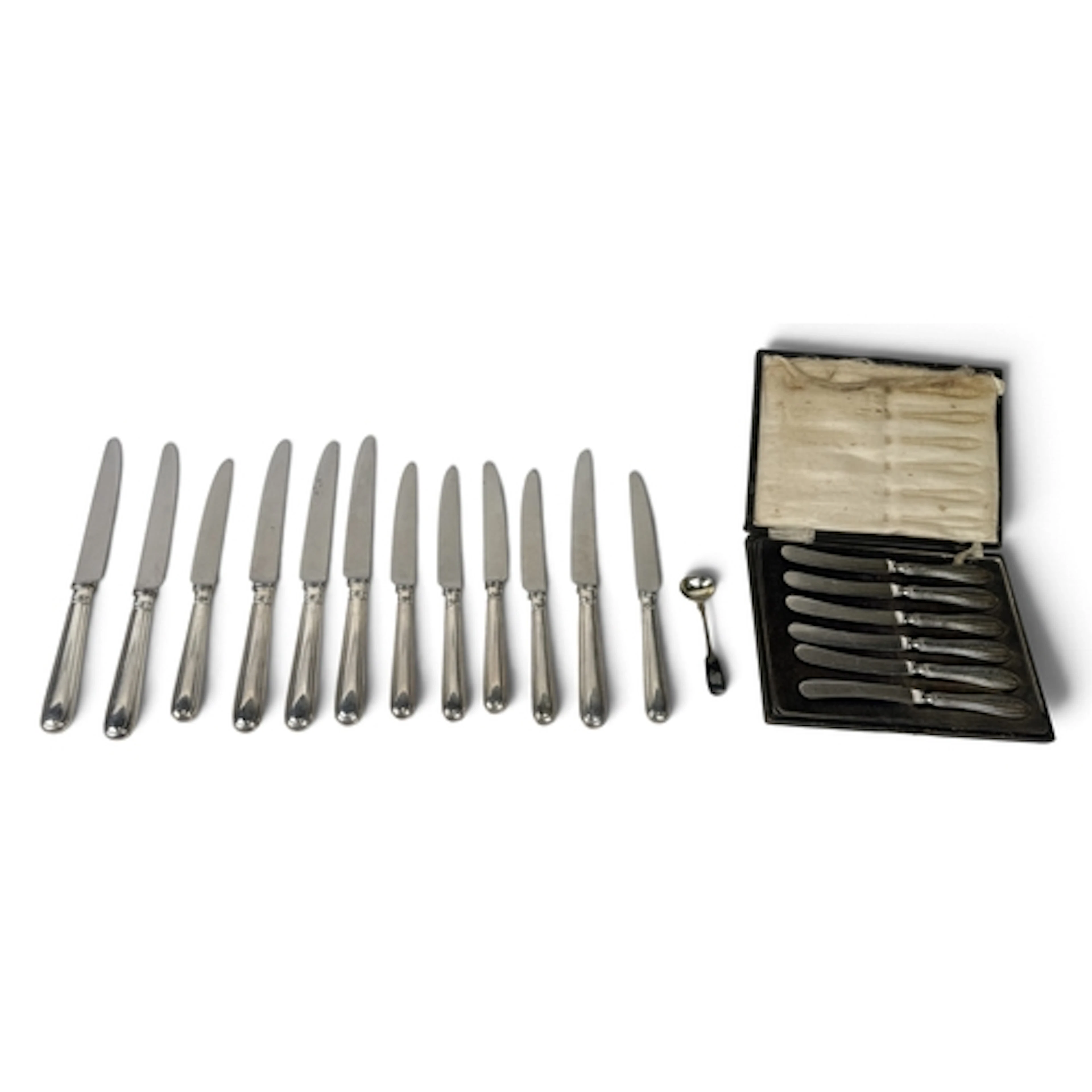 A GROUP OF SILVER HANDLED KNIVES WITH STAINLESS BLADES TOGET...