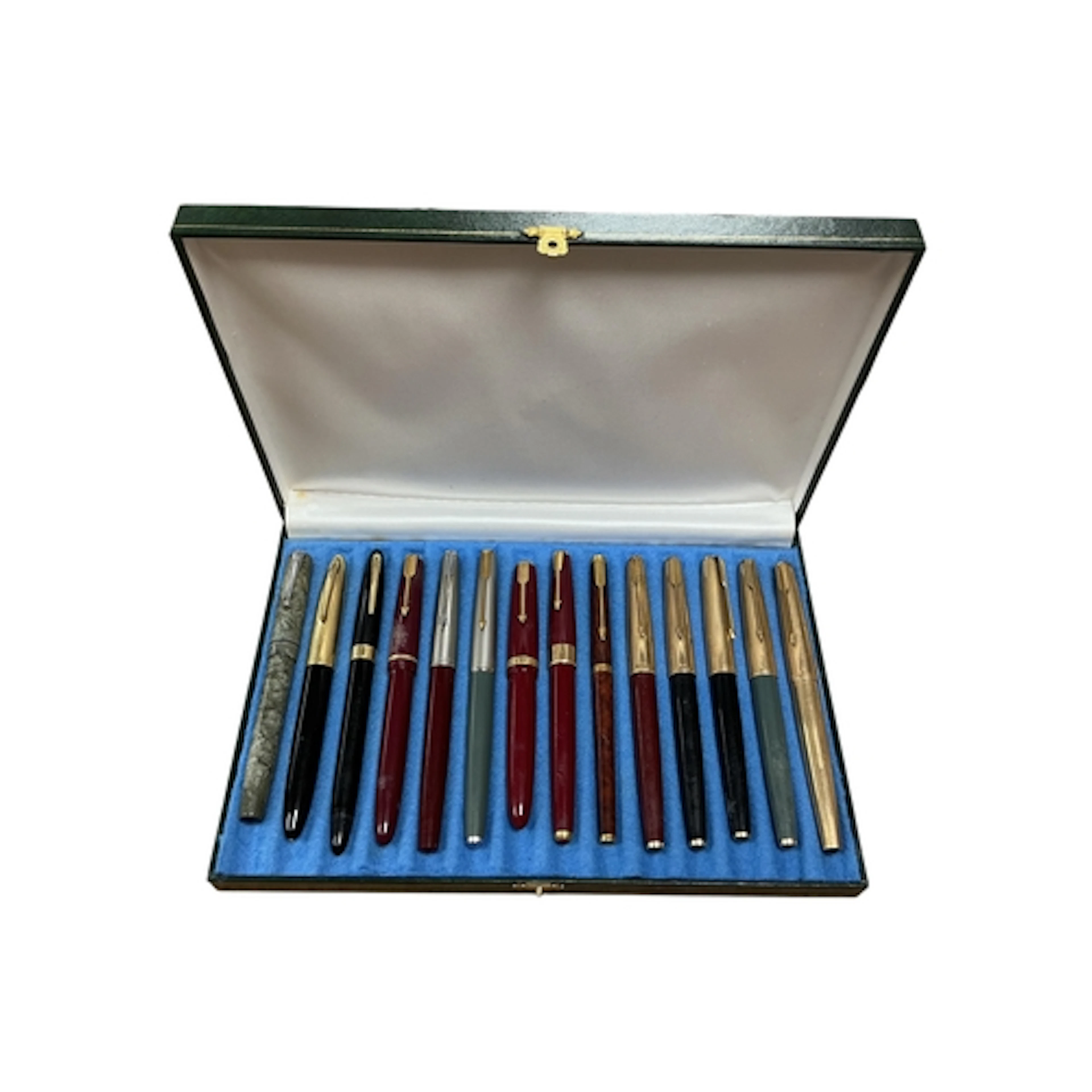 A case containing 14 mainly Parker pens