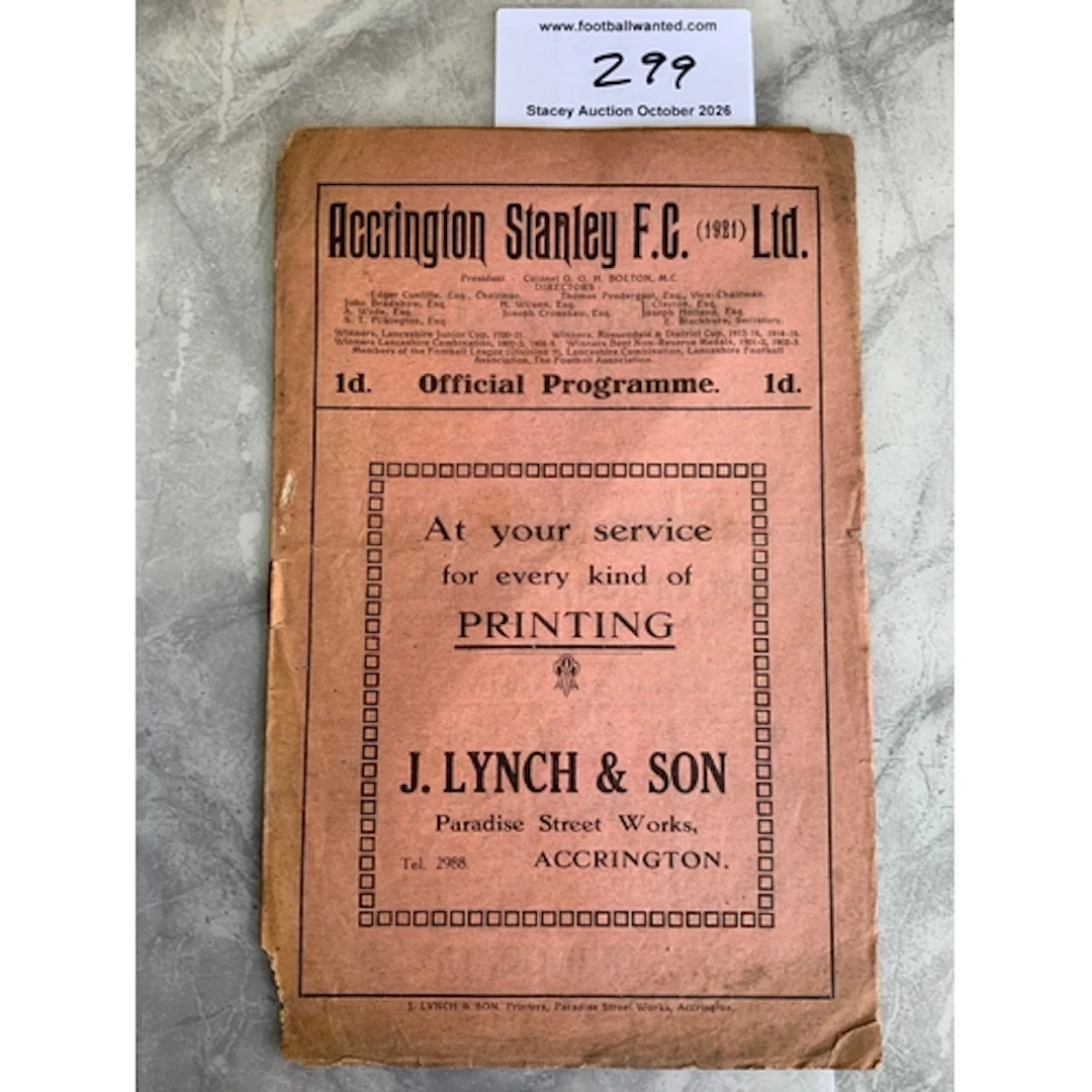 1926 - 1927 Accrington Stanley v Wigan Borough Football Prog...