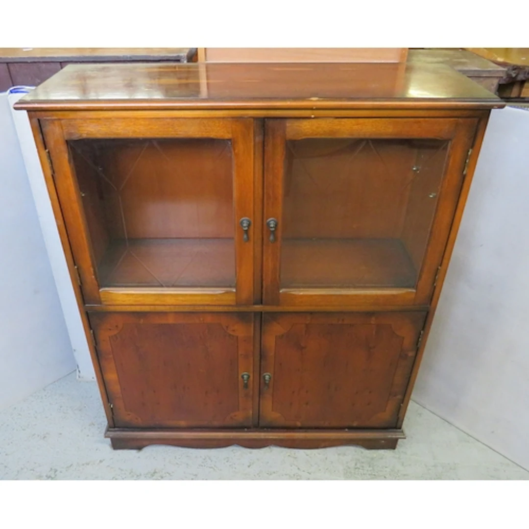 Vintage Walnut Veneered Display Cabinet, 2 glazed doors, bra...
