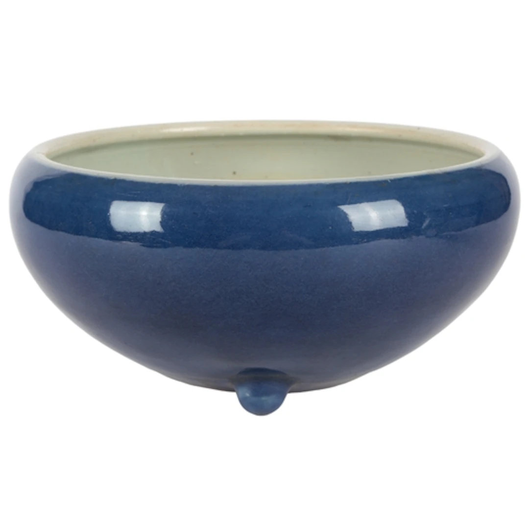 A large Chinese blue glazed tripod censer or narcissus bowl,...
