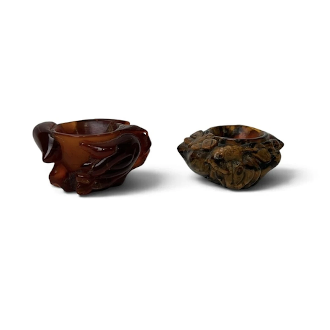 TWO CHINESE AMBER WATER POTS Widest 4cm