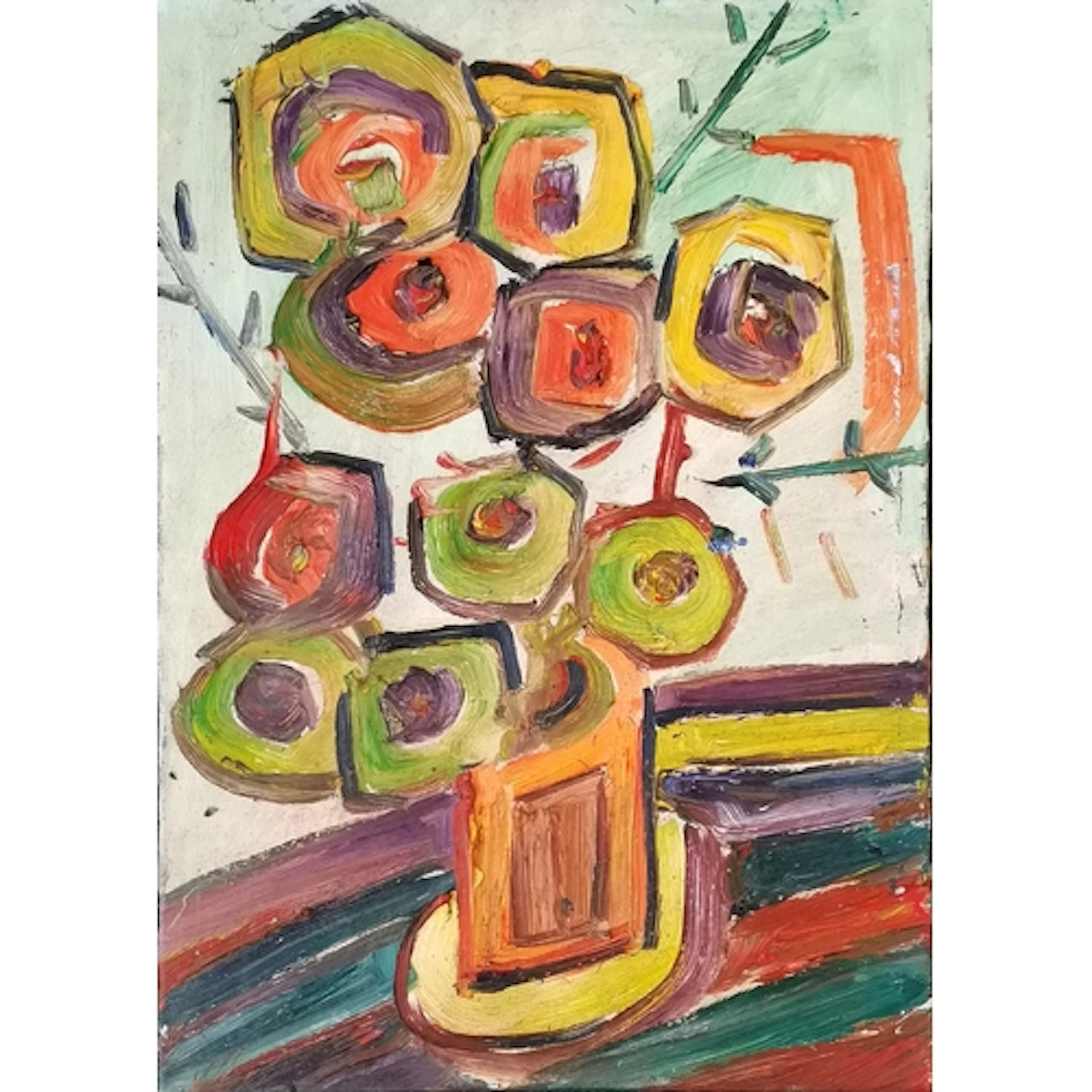 Contemporary cubist style oil painting of a vase of flowers ...