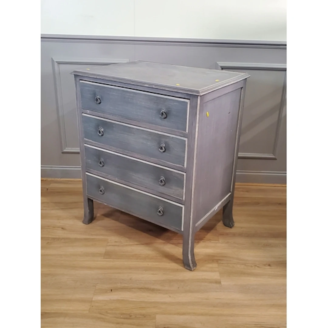 A grey painted Chest of four long drawers, raised on splayed...