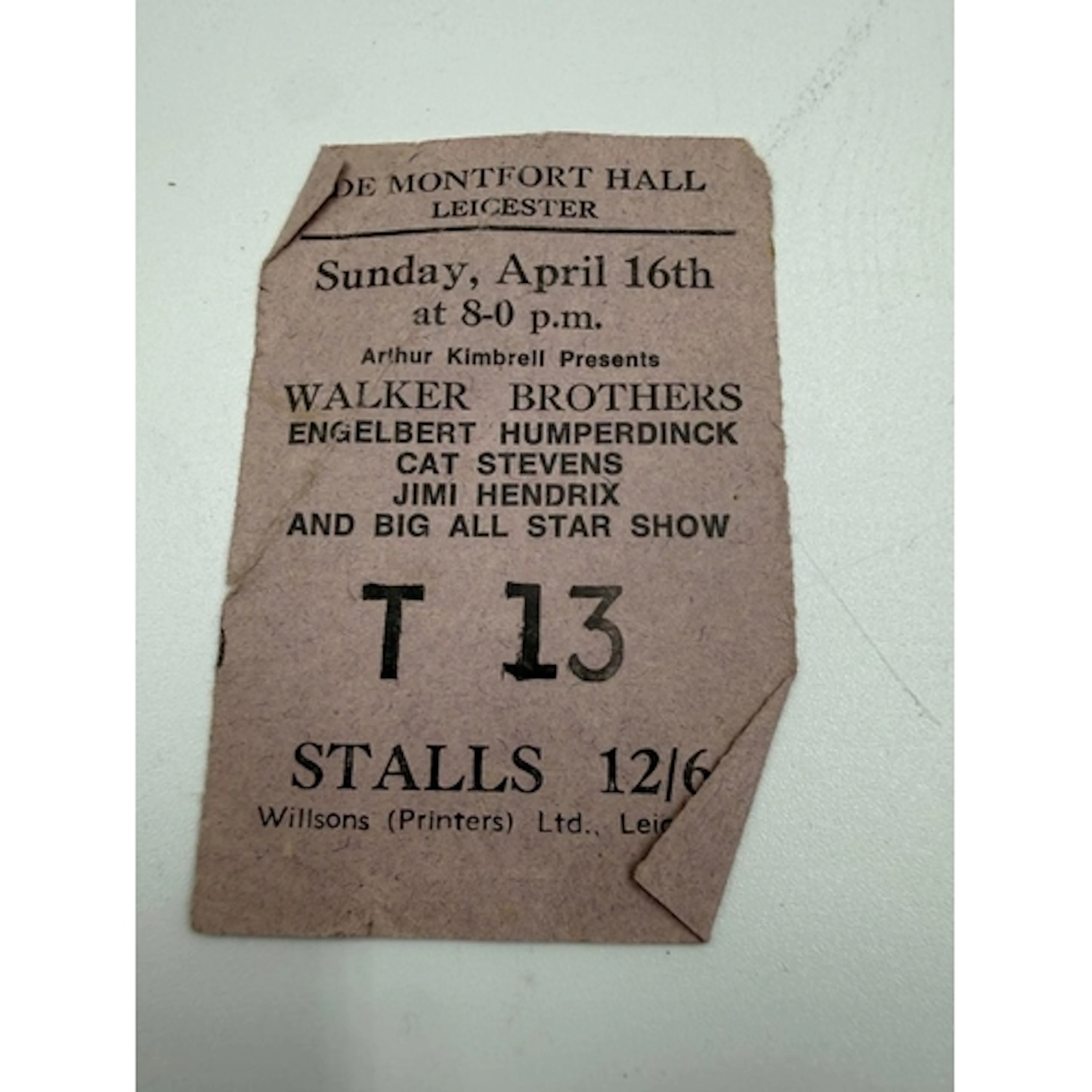 A ticket stubb for a Jimi Hendrix concert at De Monfort Hall...