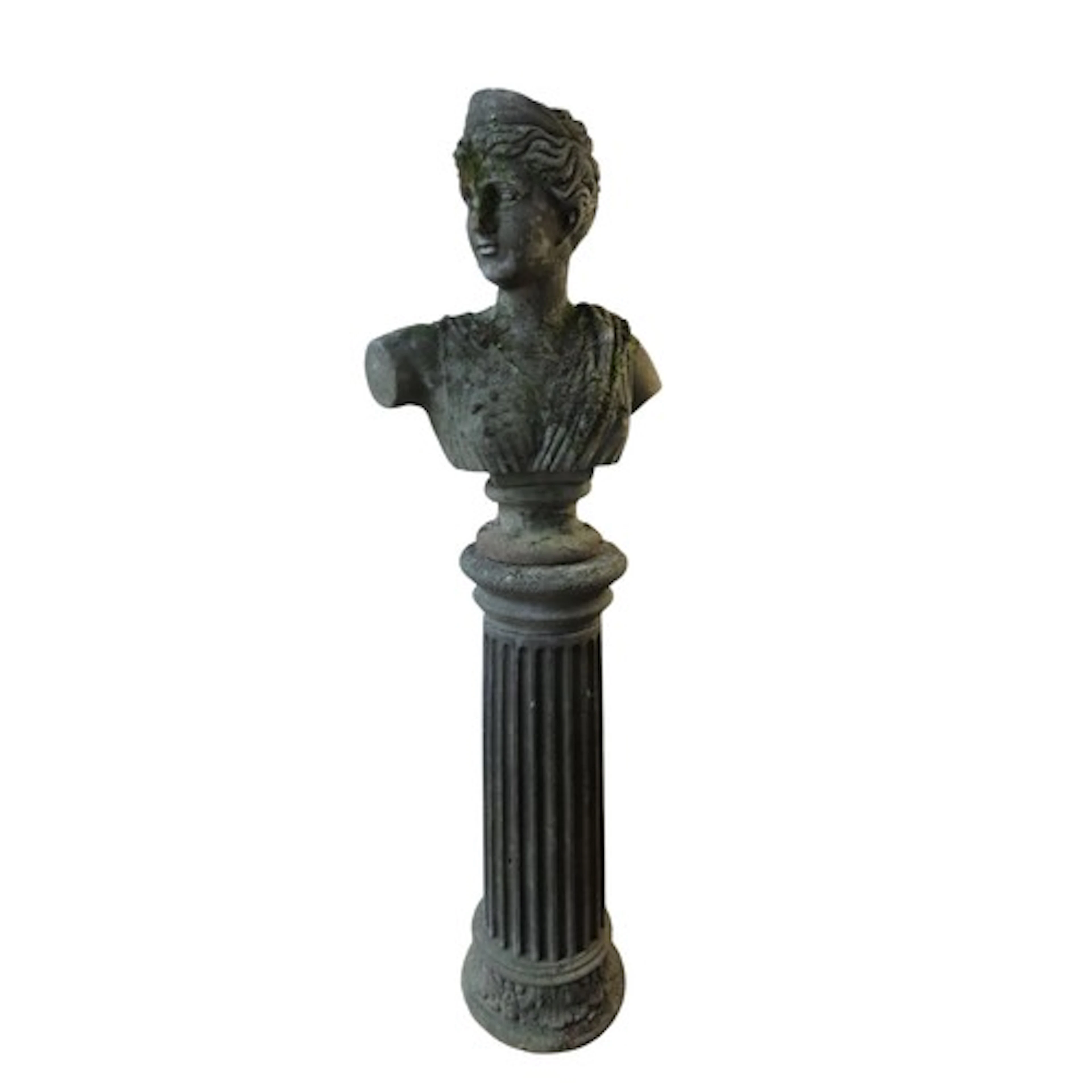 A RECONSTITUTED STONE GARDEN BUST of a Greco-Roman maiden, r...