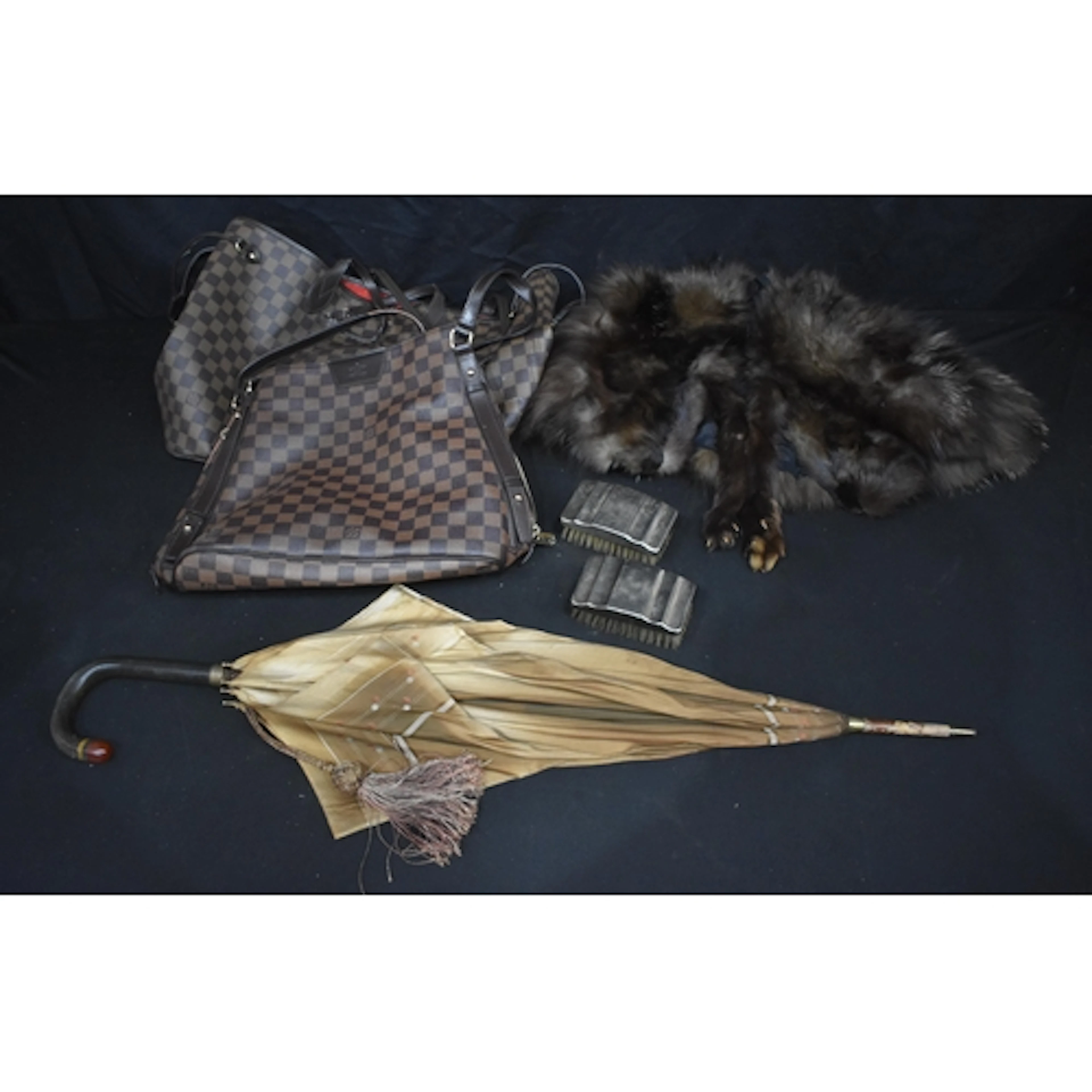 Two ladies bags together with a Fur stole/coat, silver pla...
