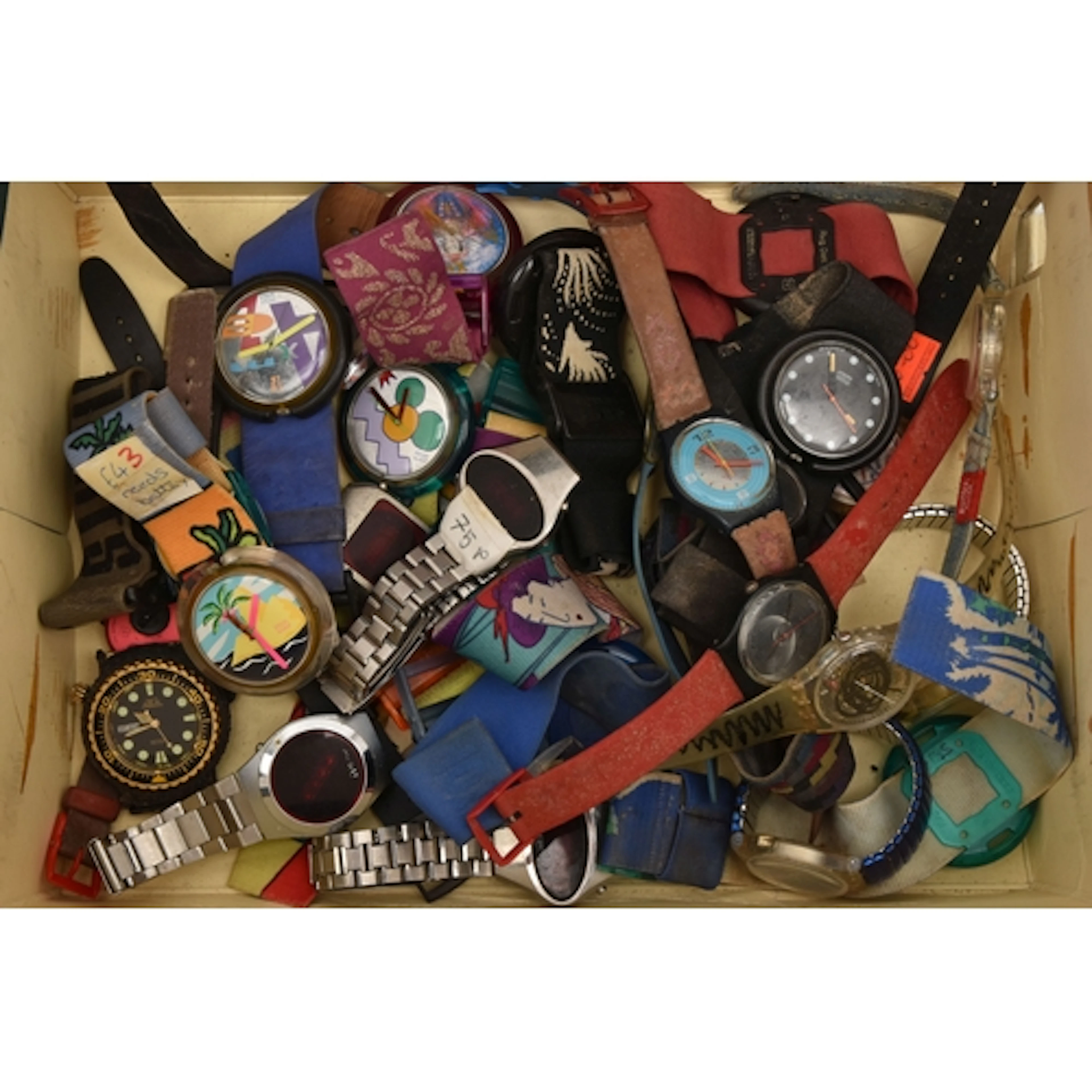 A BOX OF ASSORTED WATCHES, to include an assortment of 'Swat...