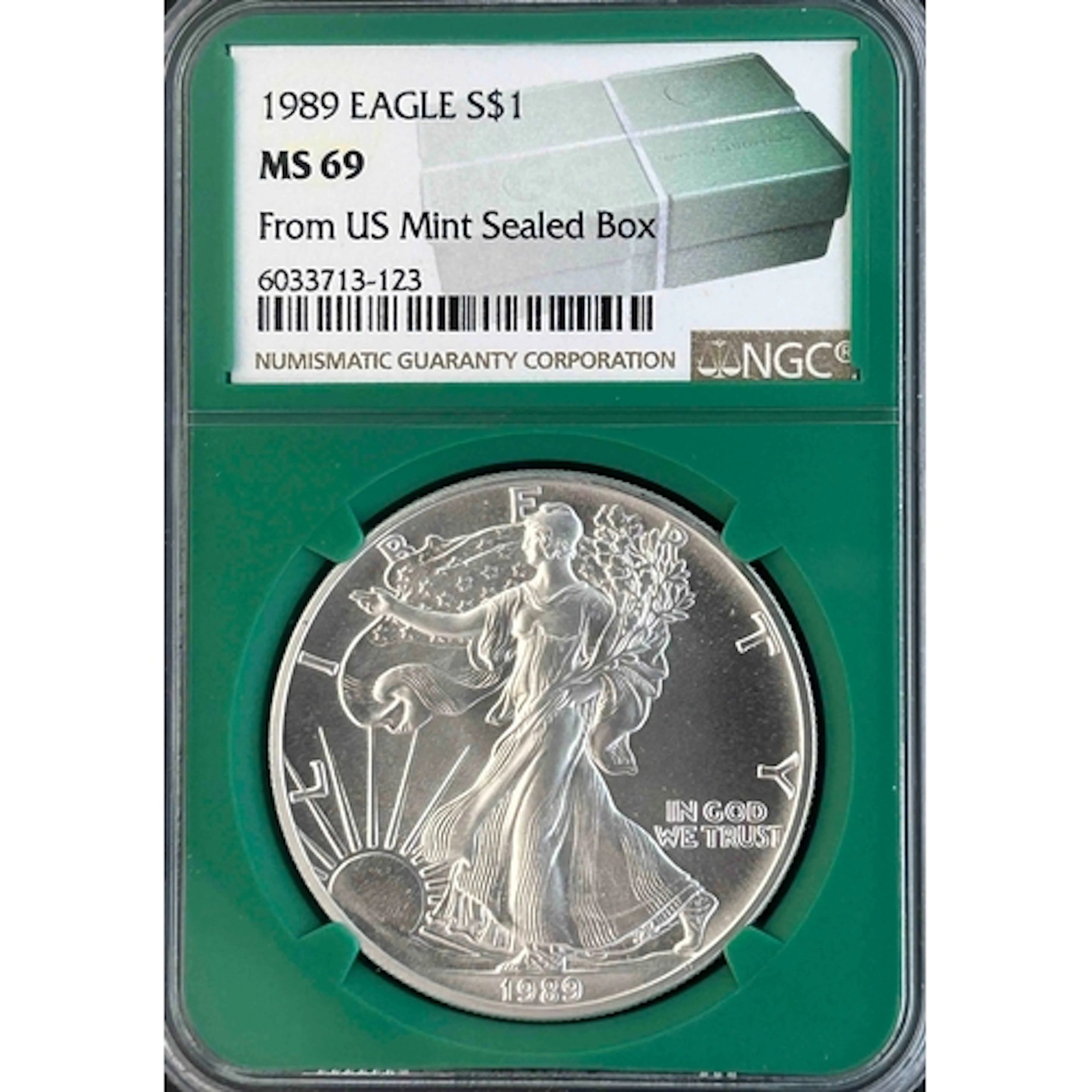 1989 USA $1 silver Eagle, from US Mint sealed box, slabbed a...