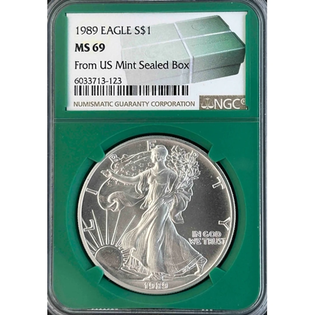 1989 USA $1 silver Eagle, from US Mint sealed box, slabbed a...