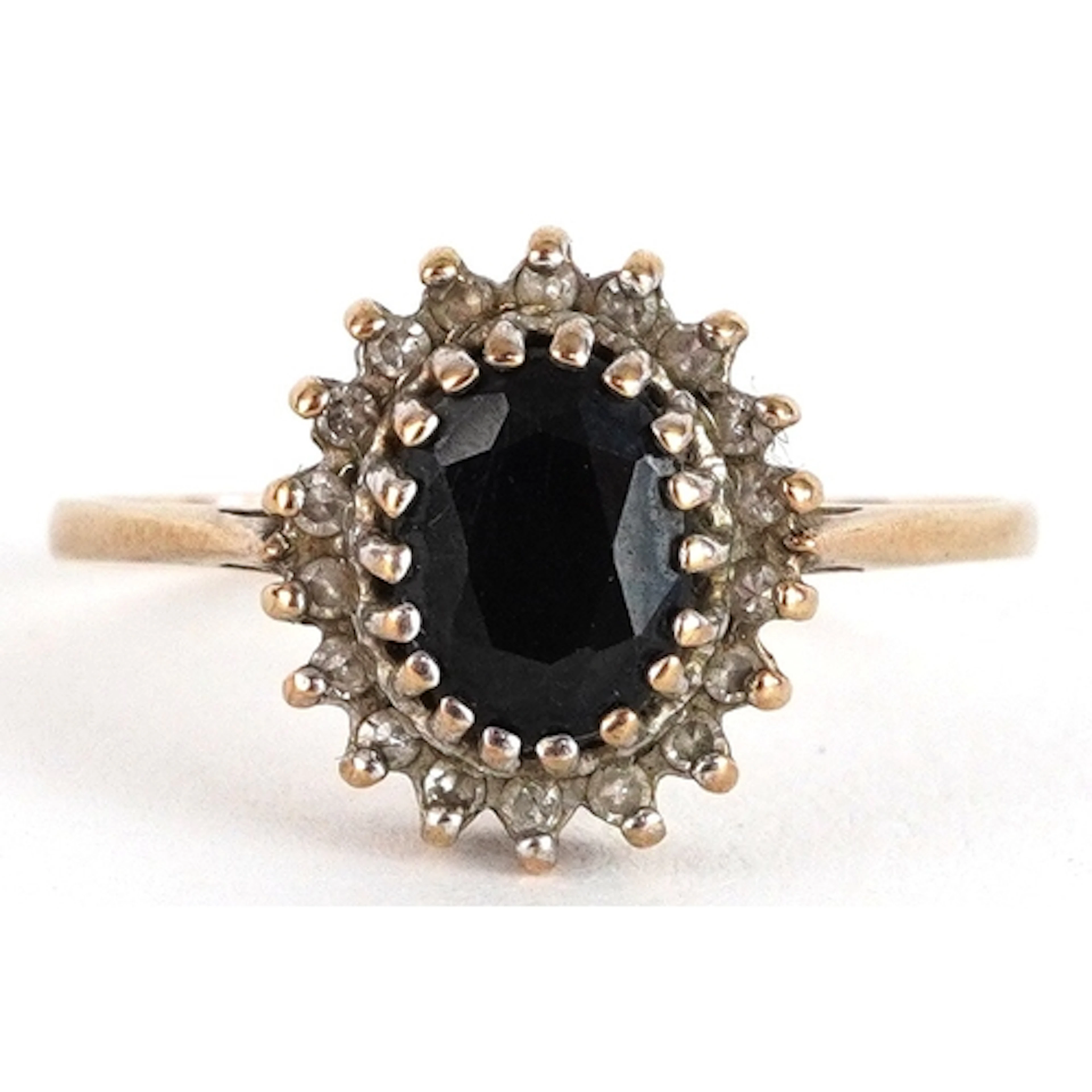 9ct gold sapphire and diamond cluster ring, size T, 2.3g.