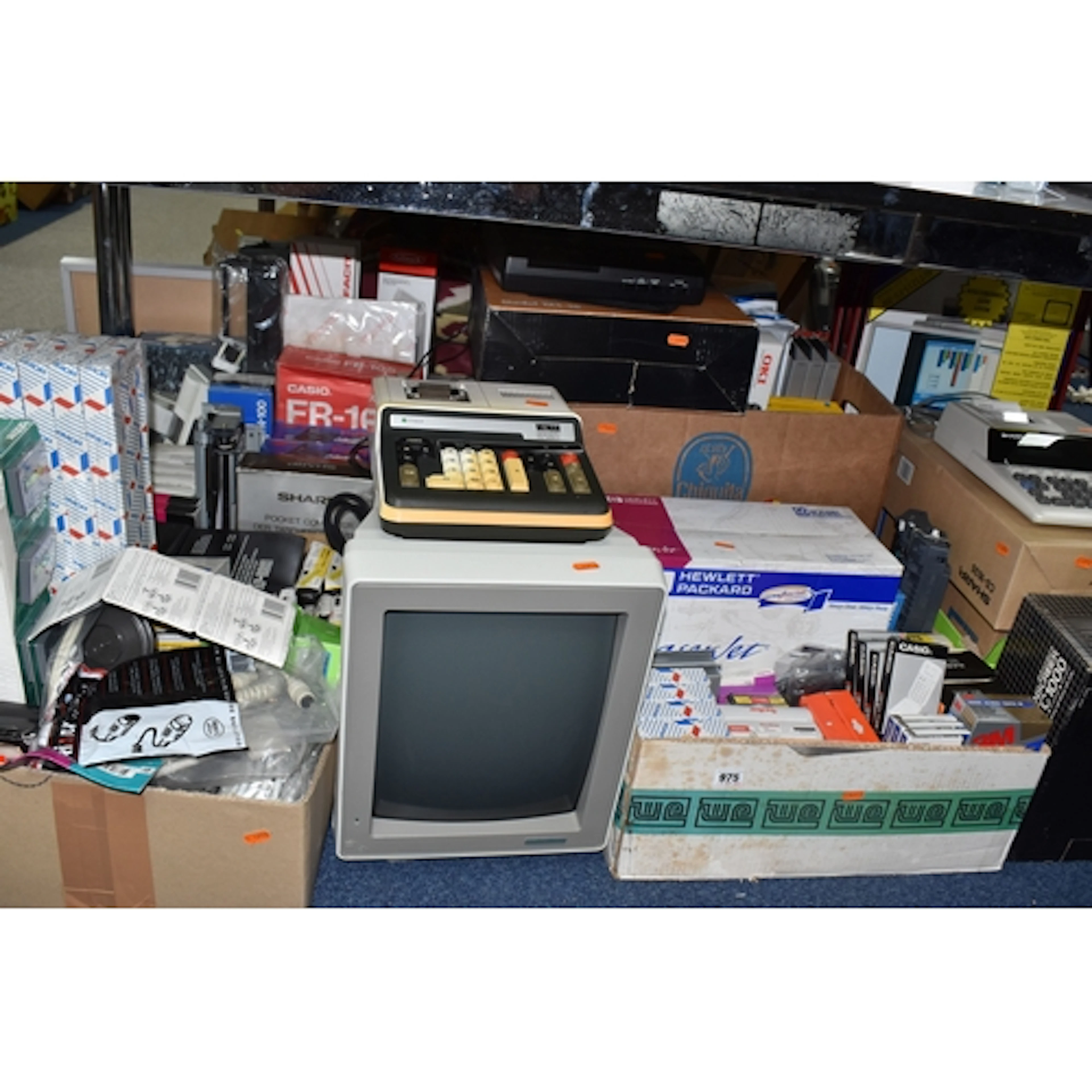 SIX BOXES AND LOOSE VINTAGE OFFICE SUPPLIES to include an Ar...