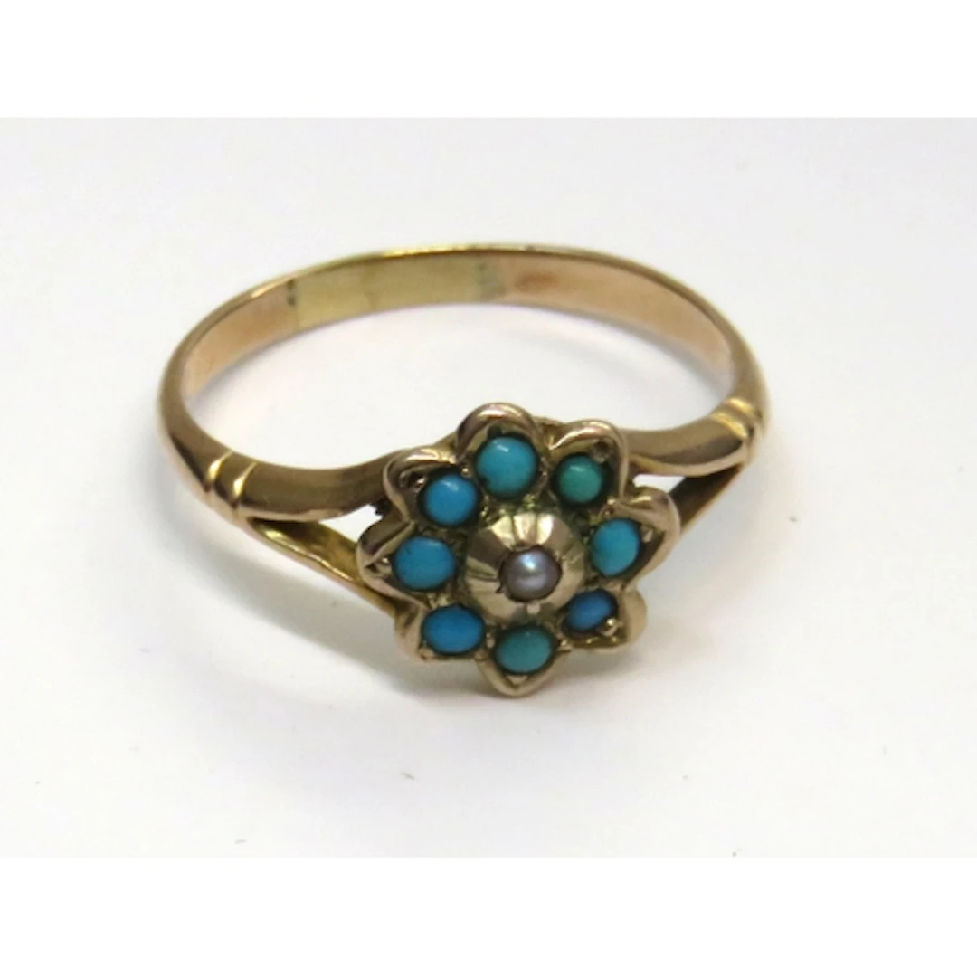 Victorian rose gold turquoise and pearl set flower head ring...