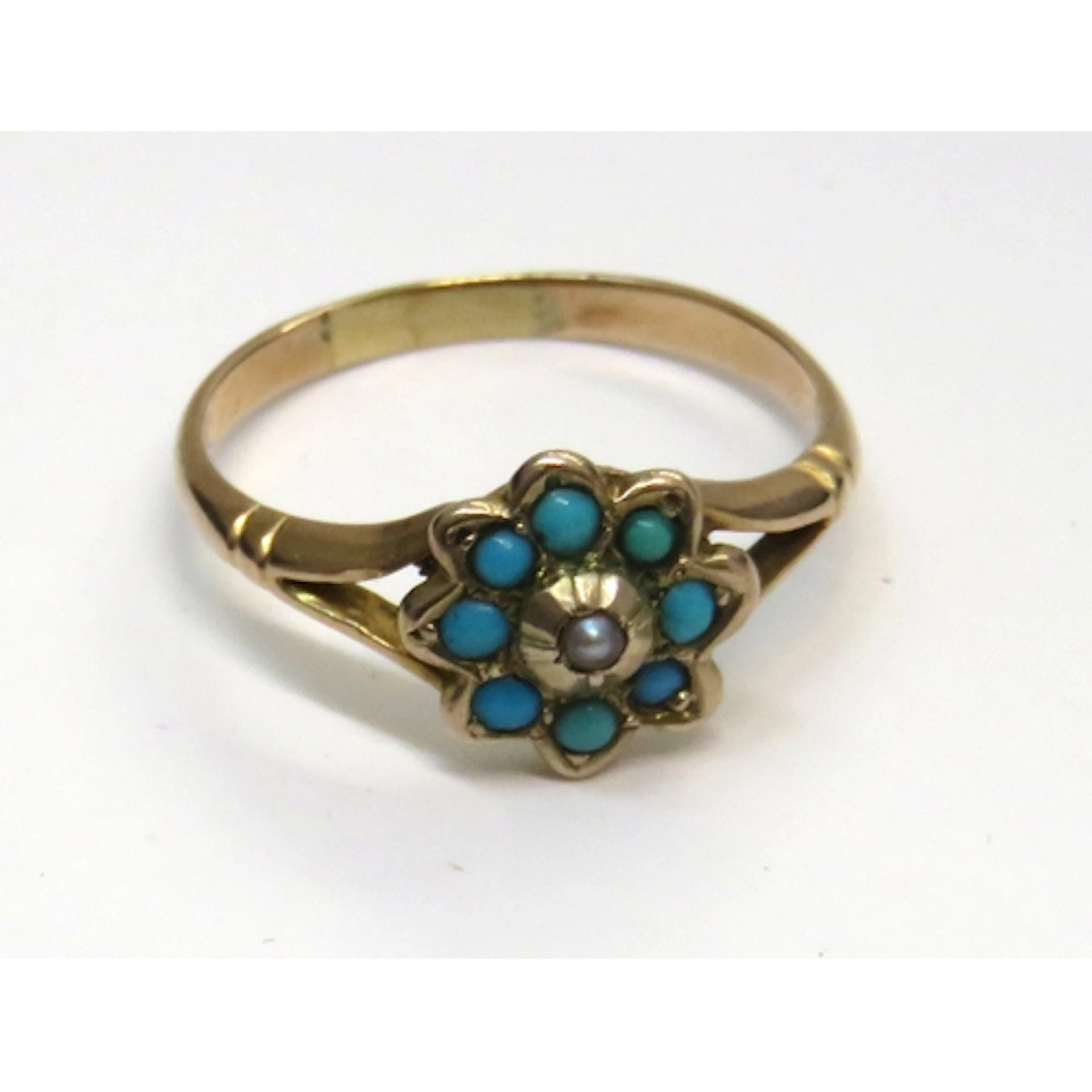 Victorian rose gold turquoise and pearl set flower head ring...
