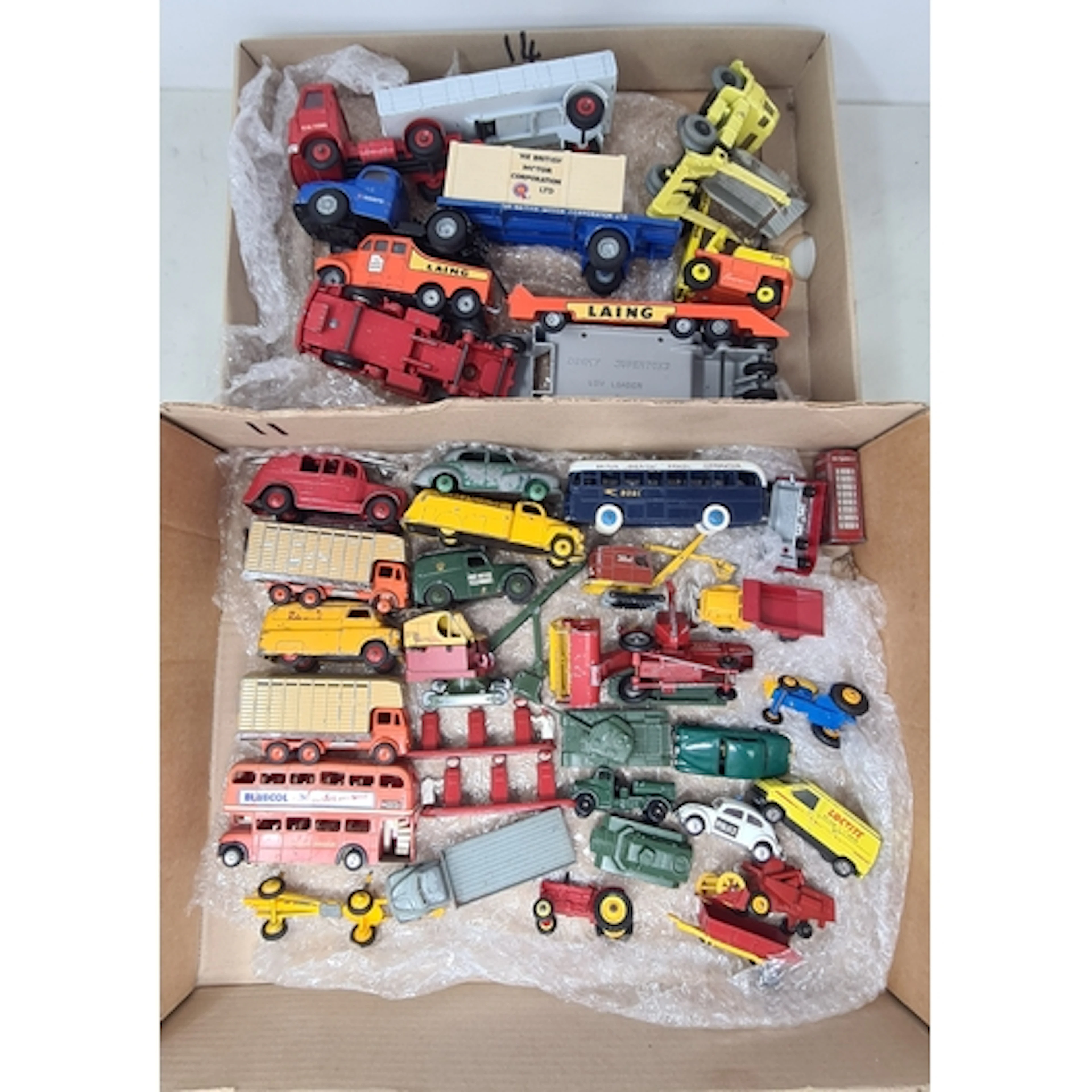 Two trays of unboxed playworn Corgi, Dinky Toys and Matchbox...