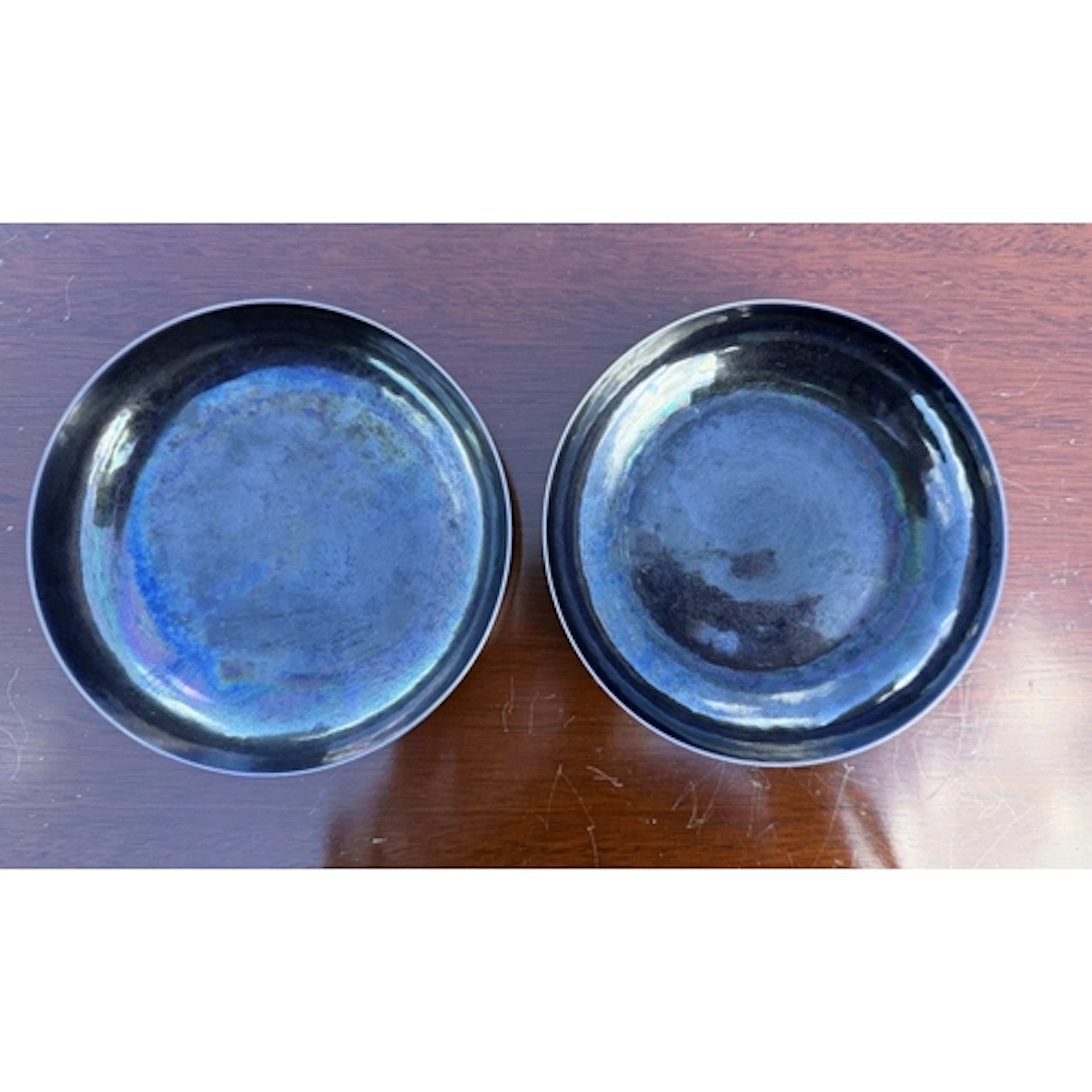 A pair of Chinese fine porcelain indigo iridescent bowls, di...