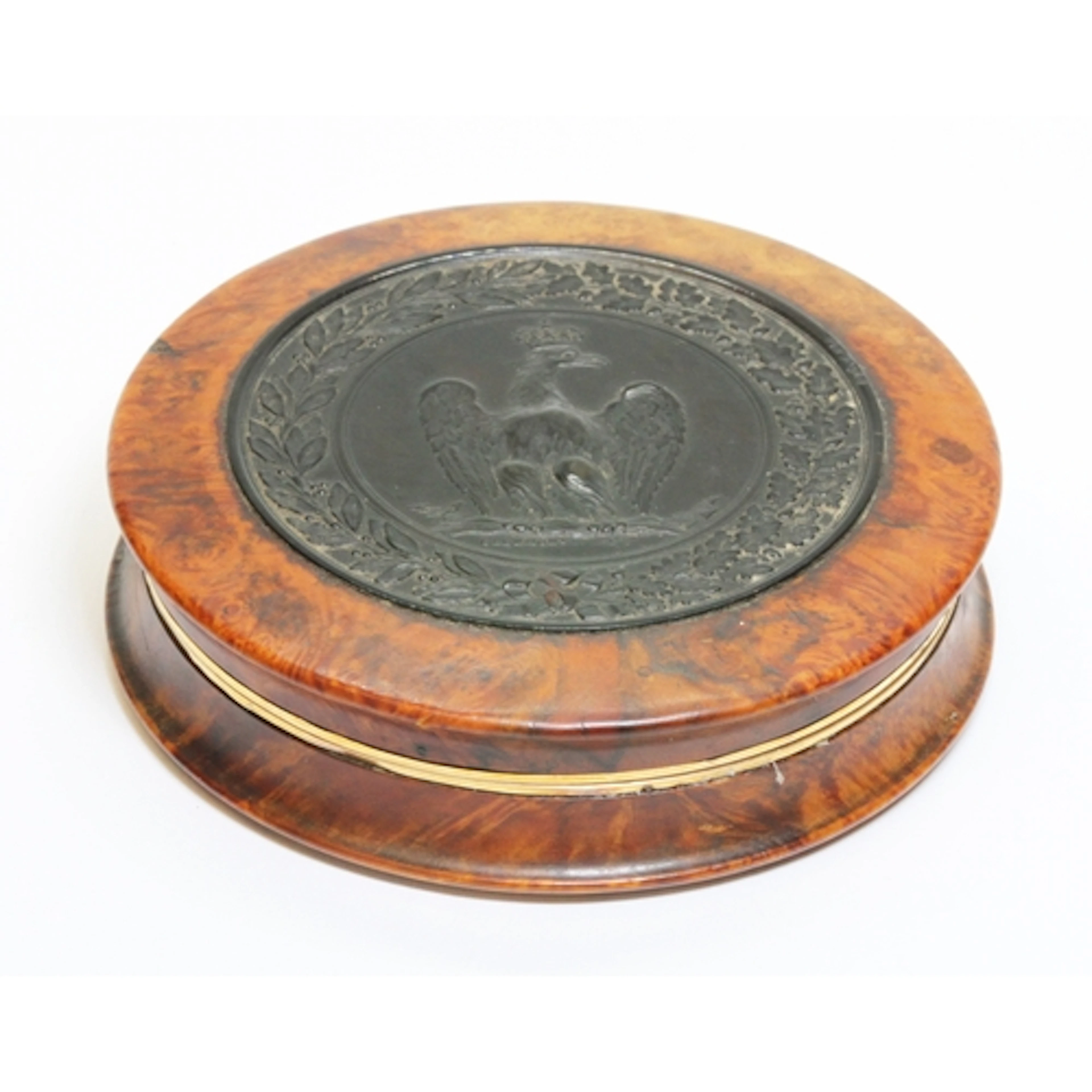 A French Napoleonic burr wood snuff box with crowned eagle c...
