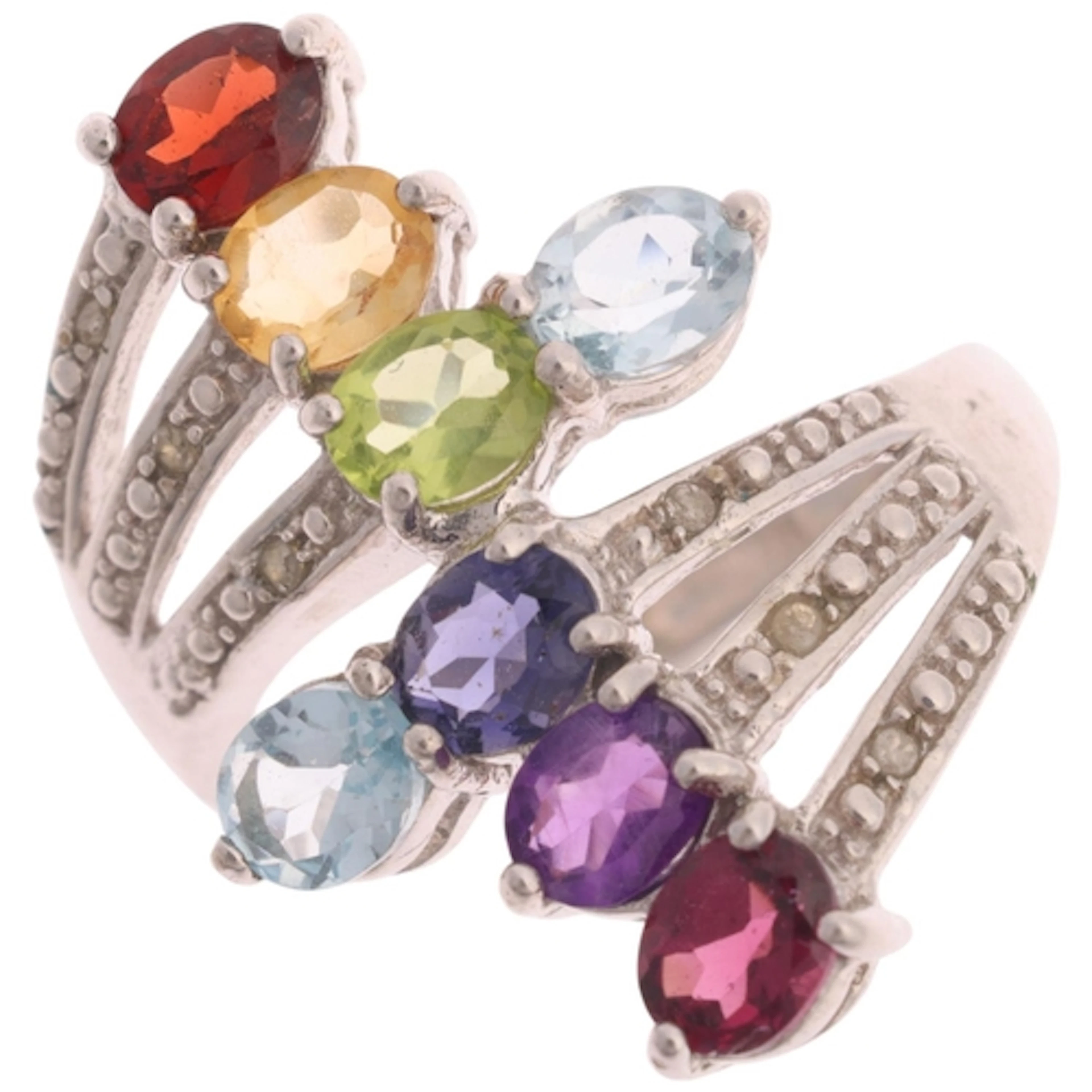 A sterling silver rainbow gem set crossover ring, setting he...