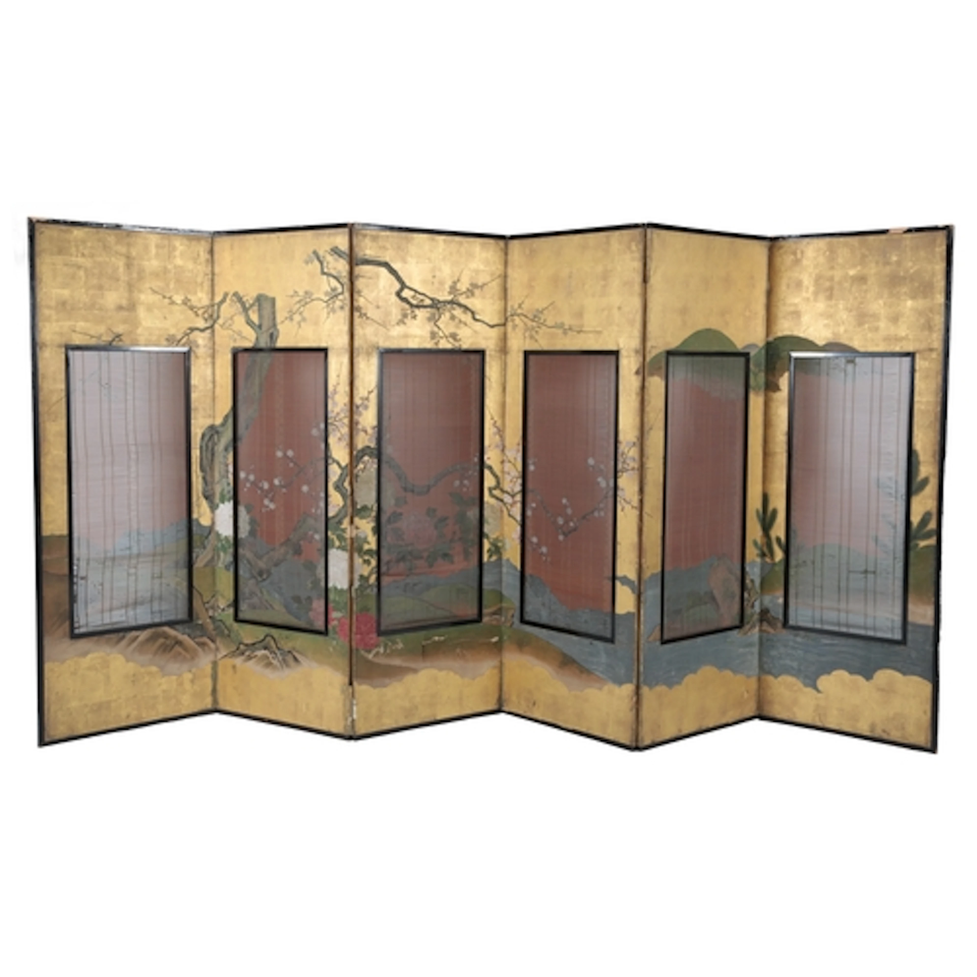 An impressive Japanese six panel painted paper and rattan fo...