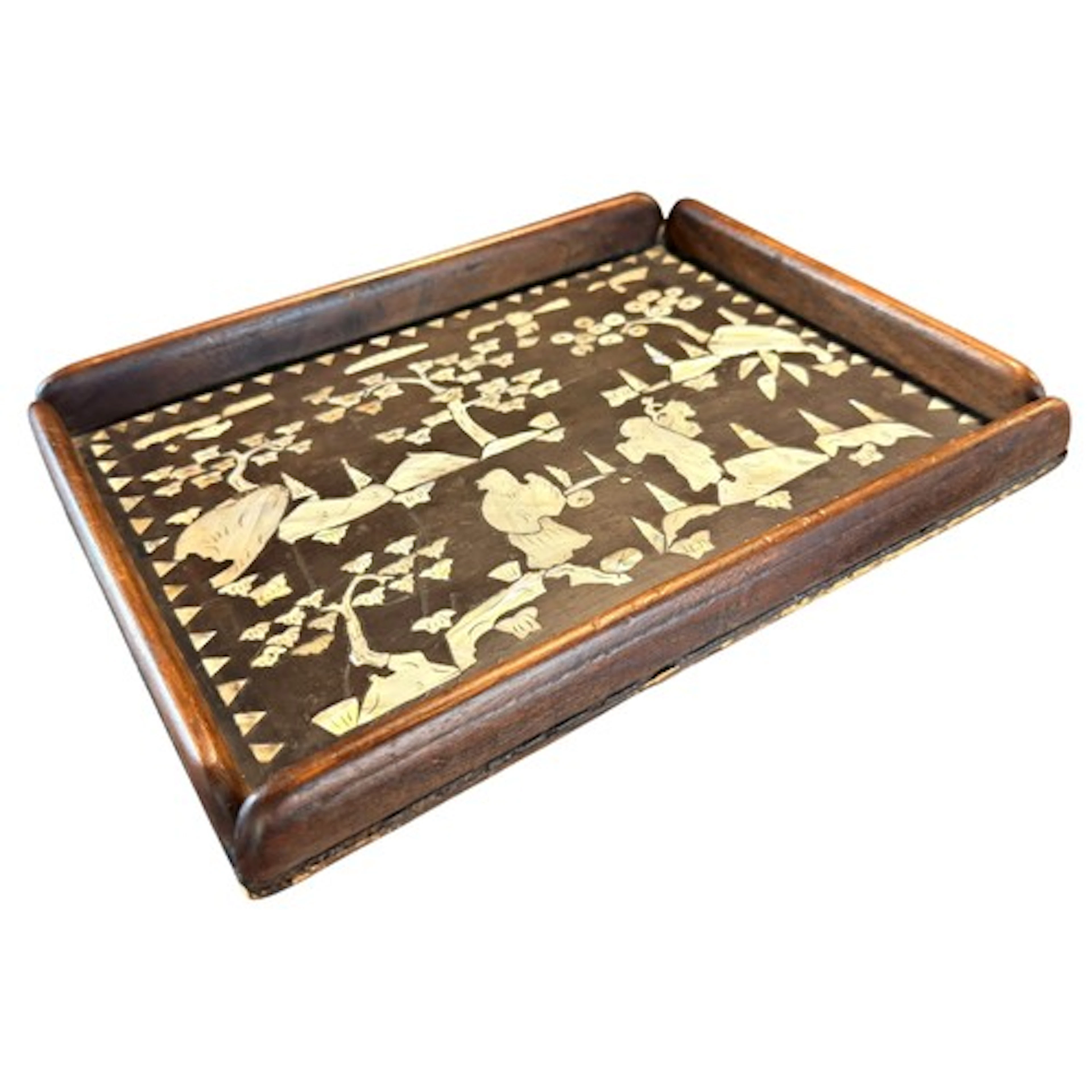 A Chinese mother-of-pearl inlaid hardwood tray, decorated wi...