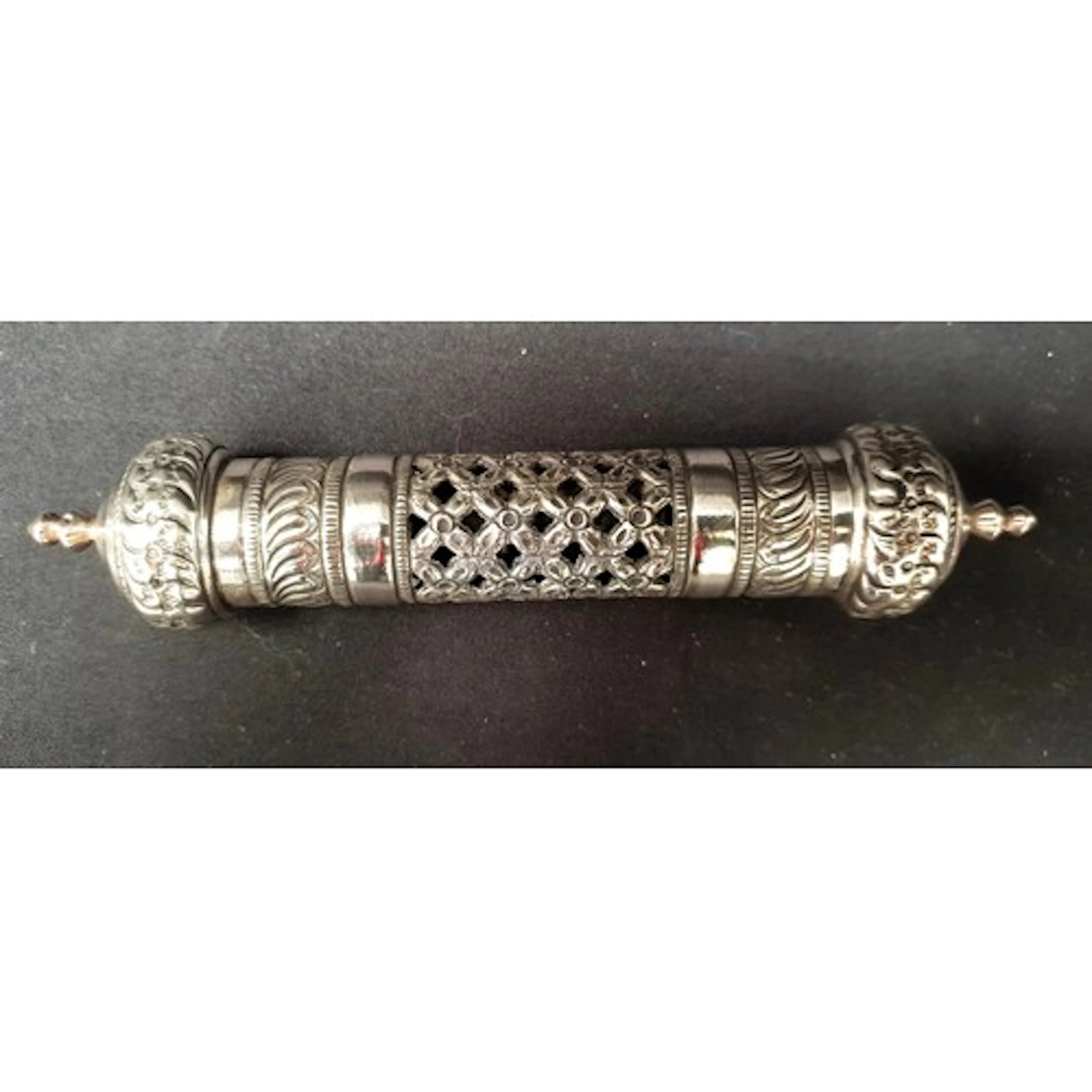 WHITE METAL SCROLL HOLDER with pierced work, indistinct mark...