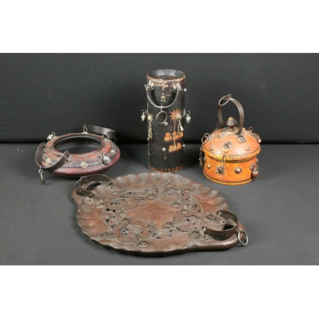 Indian painted wooden pandan box, having metal mounts, toget...