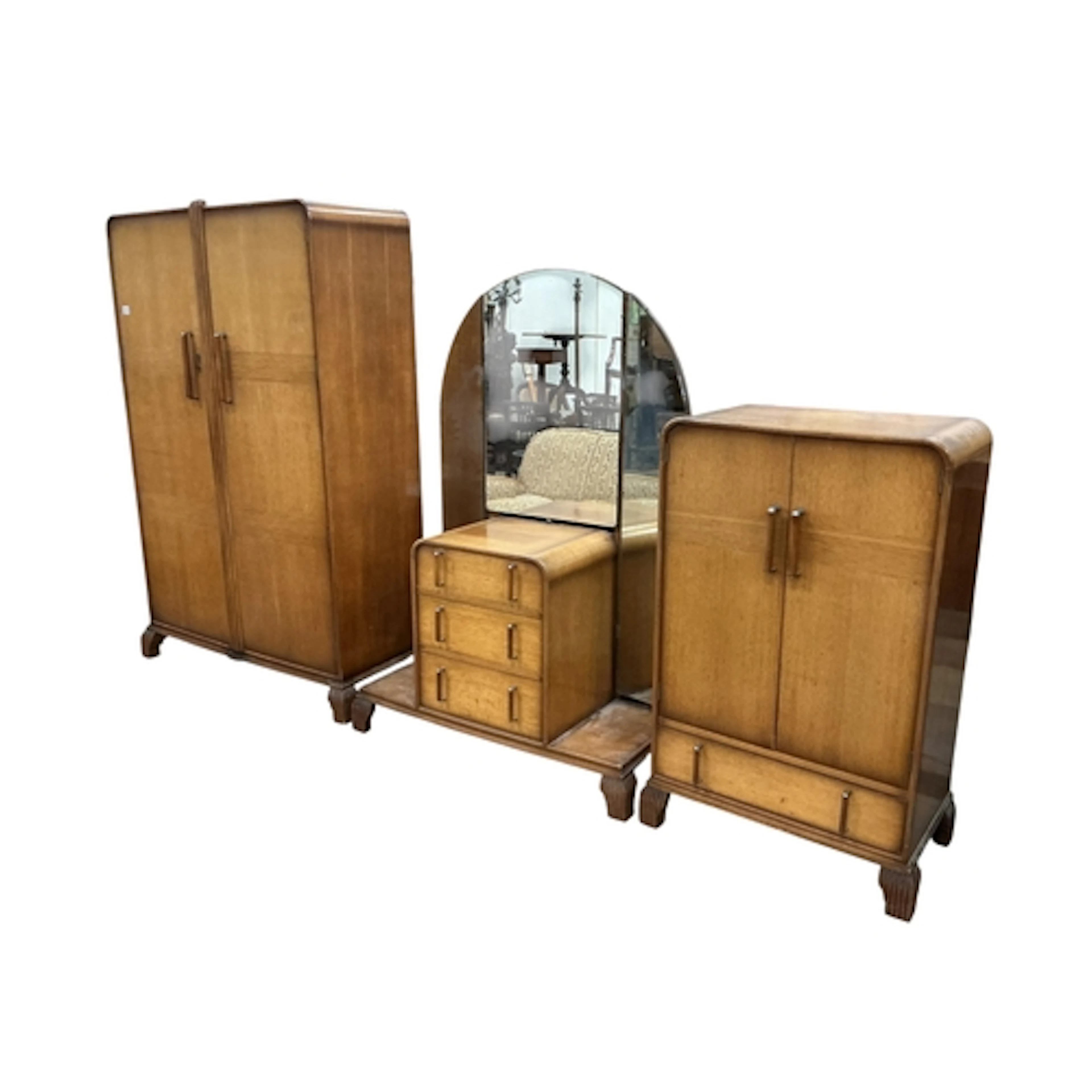 An Art Deco oak three piece bedroom suite, largest wardrobe ...