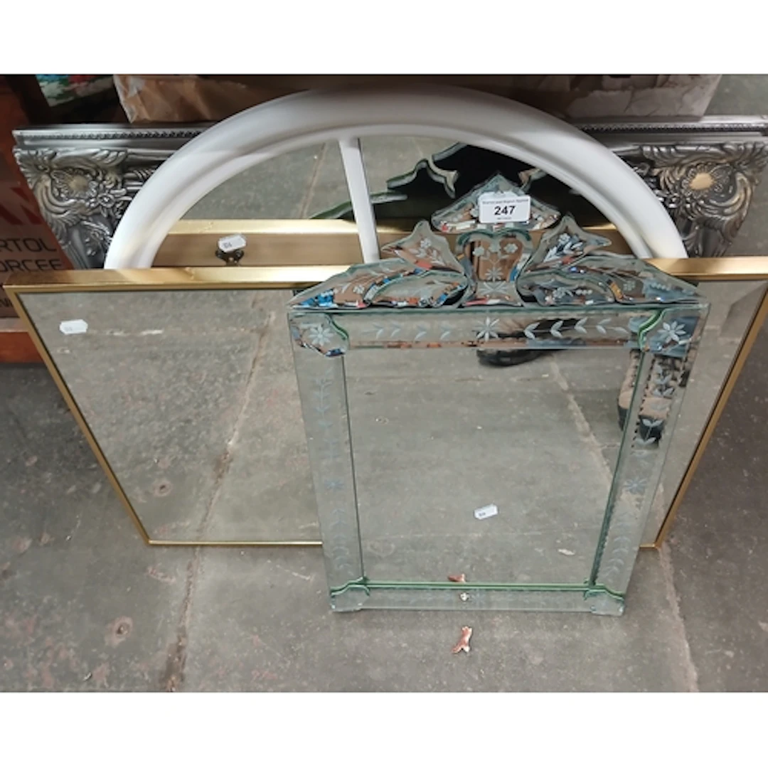 4 modern mirrors - 1 gilt frame, 1 silver, 1 white and one w...