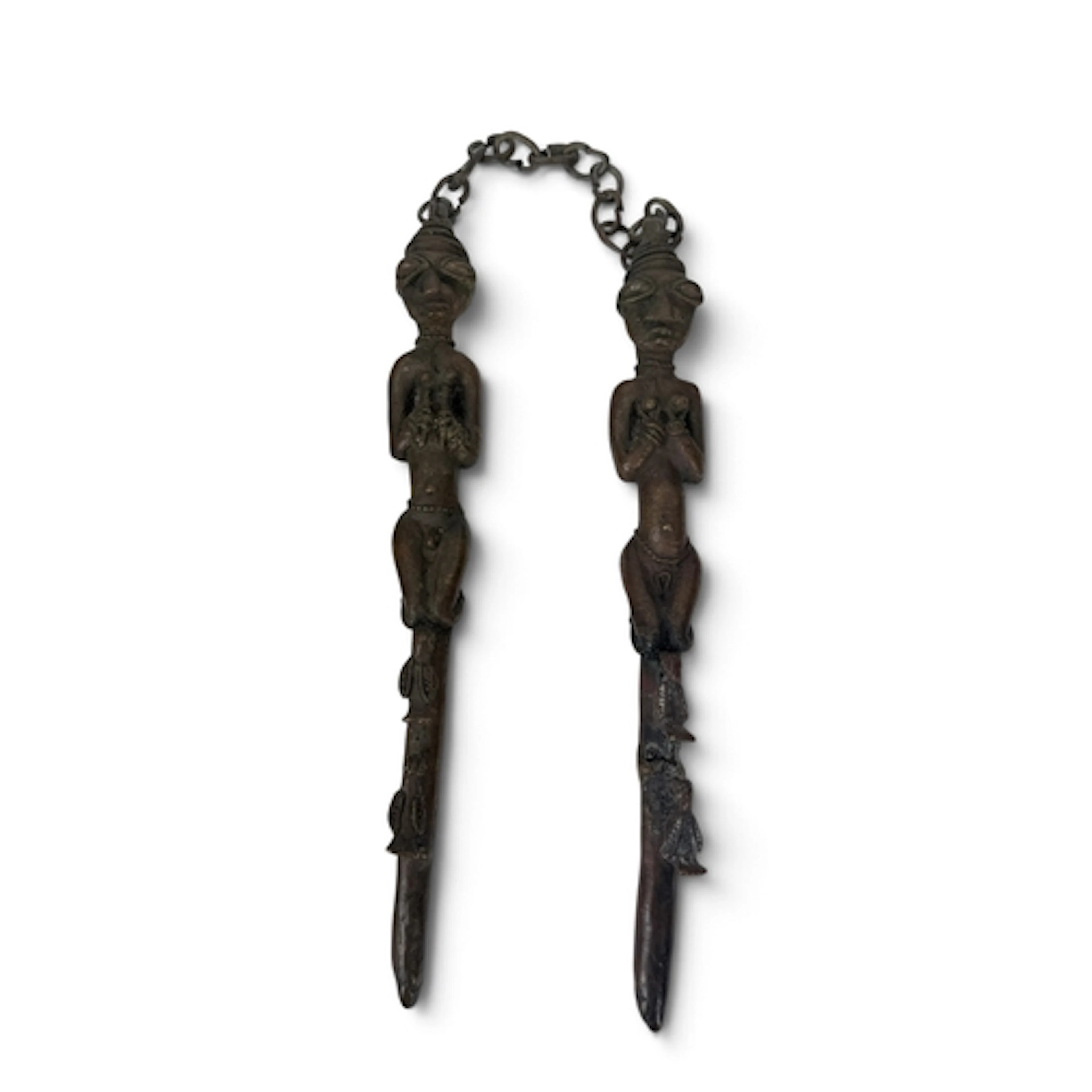 A 19TH C NIGERIAN TRIBAL PAIR OF YORUBA BRONZE OGBONI INITIA...