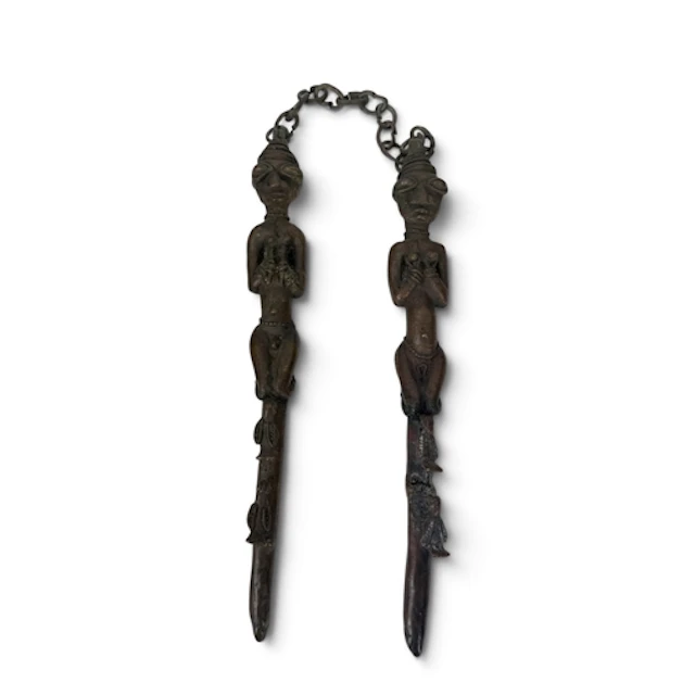 A 19TH C NIGERIAN TRIBAL PAIR OF YORUBA BRONZE OGBONI INITIA...