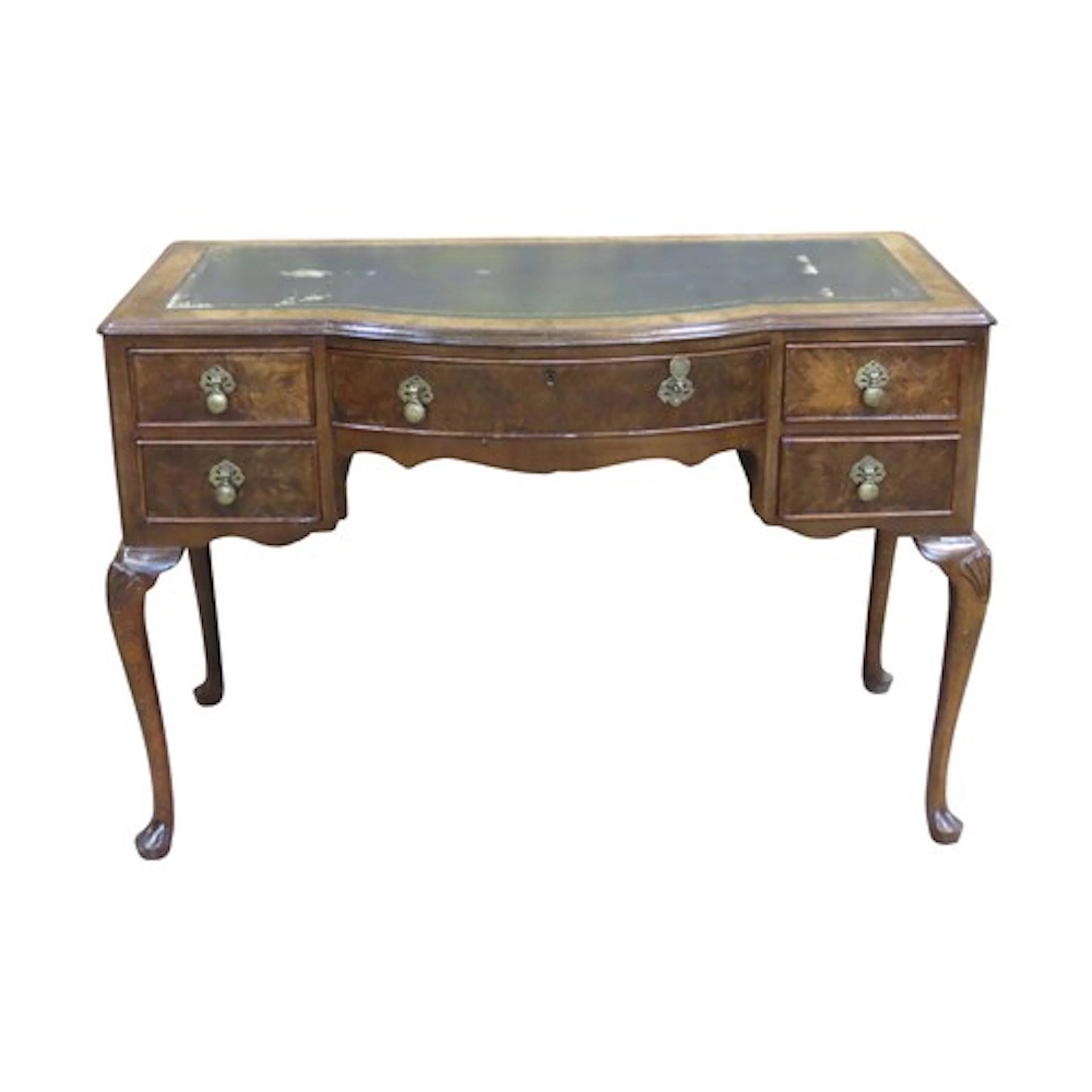 A walnut veneered writing table in the Queen Anne style with...