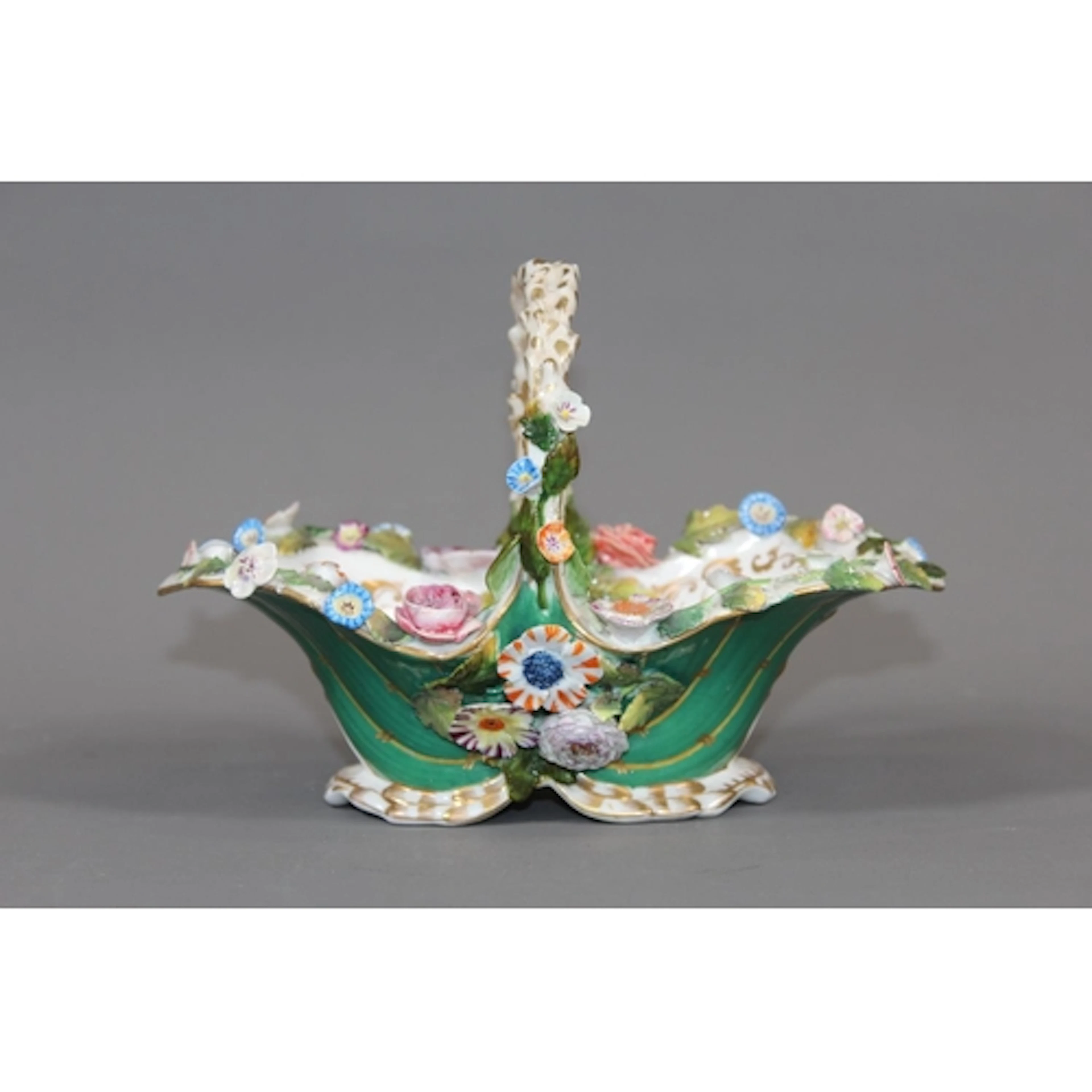 Antique Meissen style floral encrusted porcelain basket, blu...