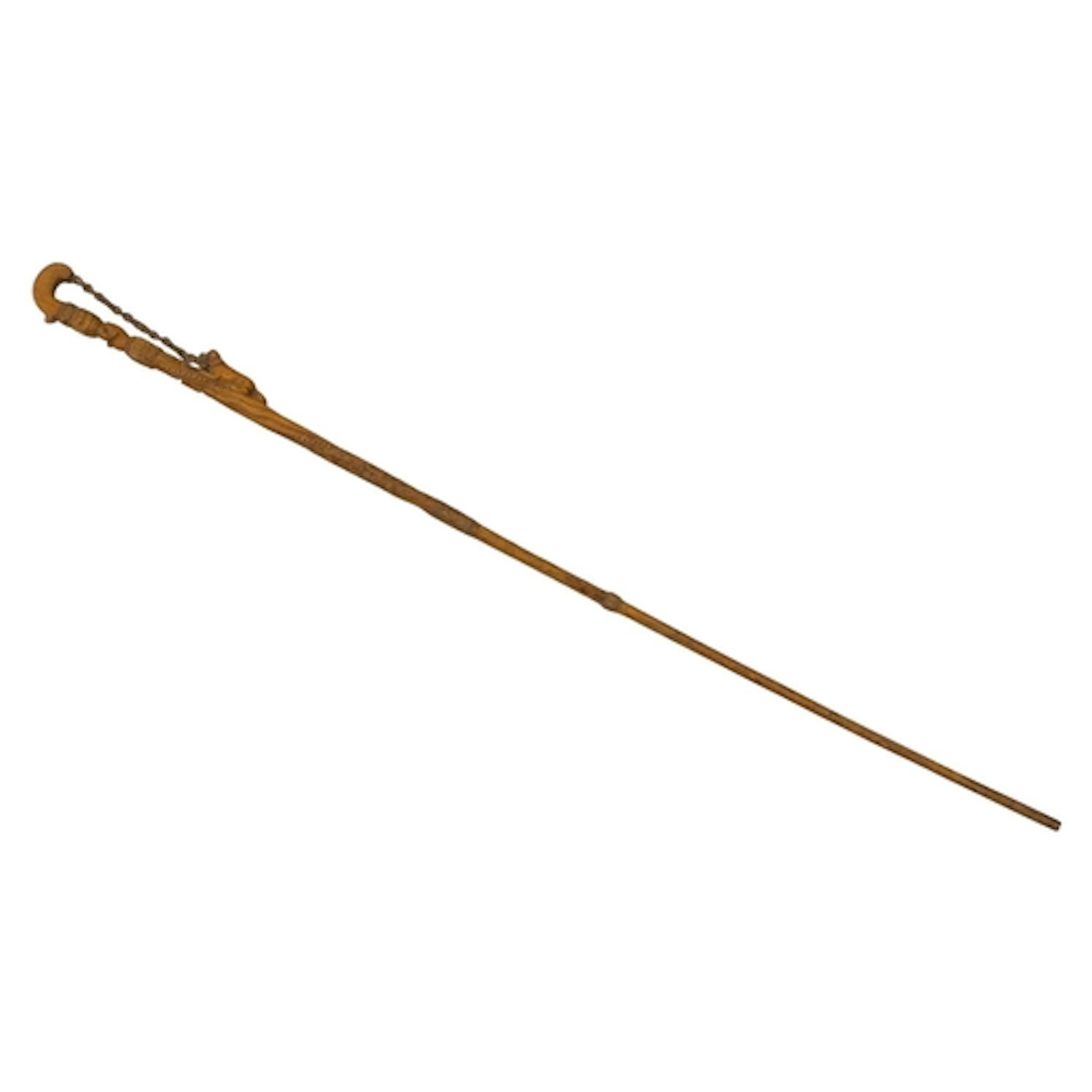 A folk art carved wood walking stick. 19th century, the shaf...