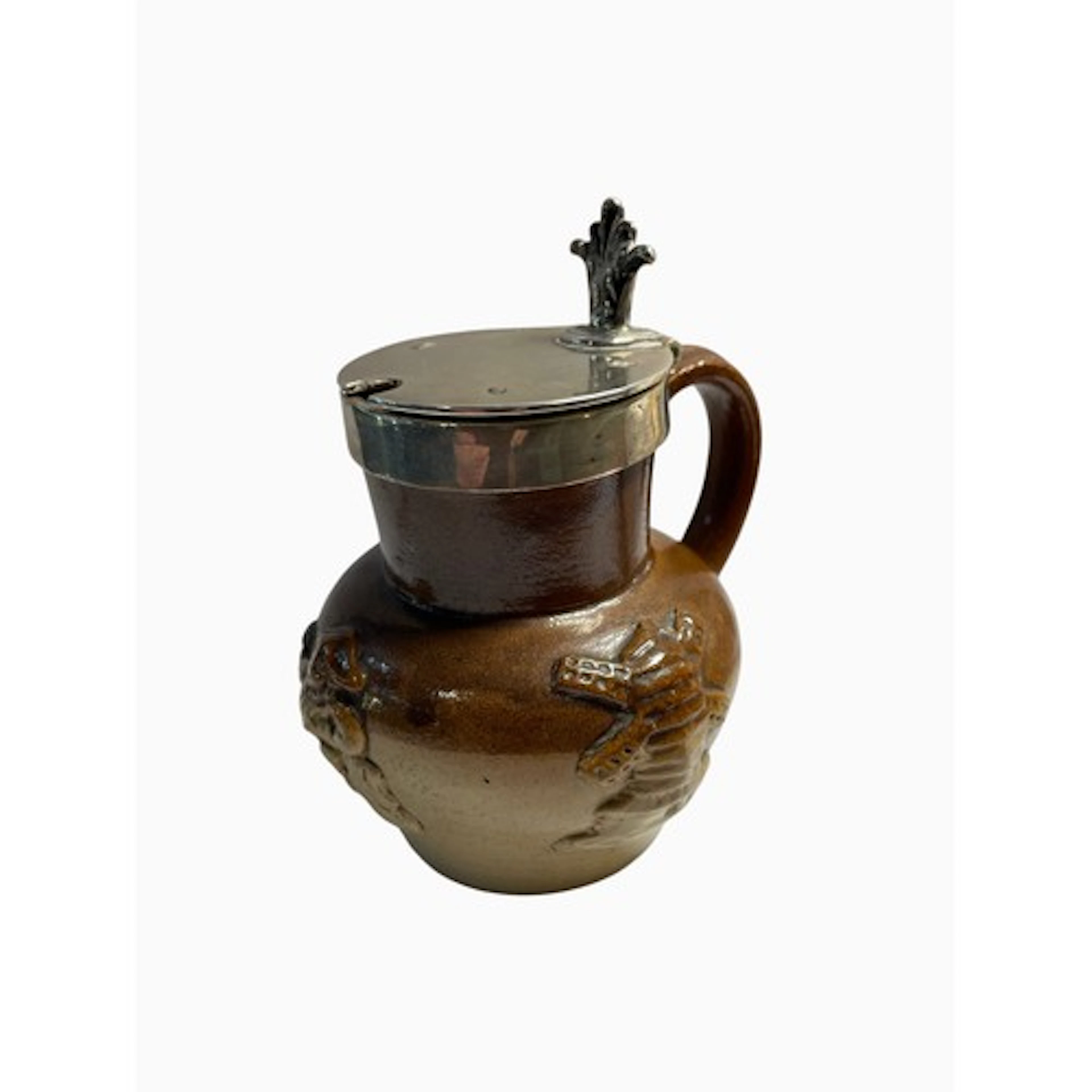 Small silver mounted salt glazed stoneware harvest jug, silv...