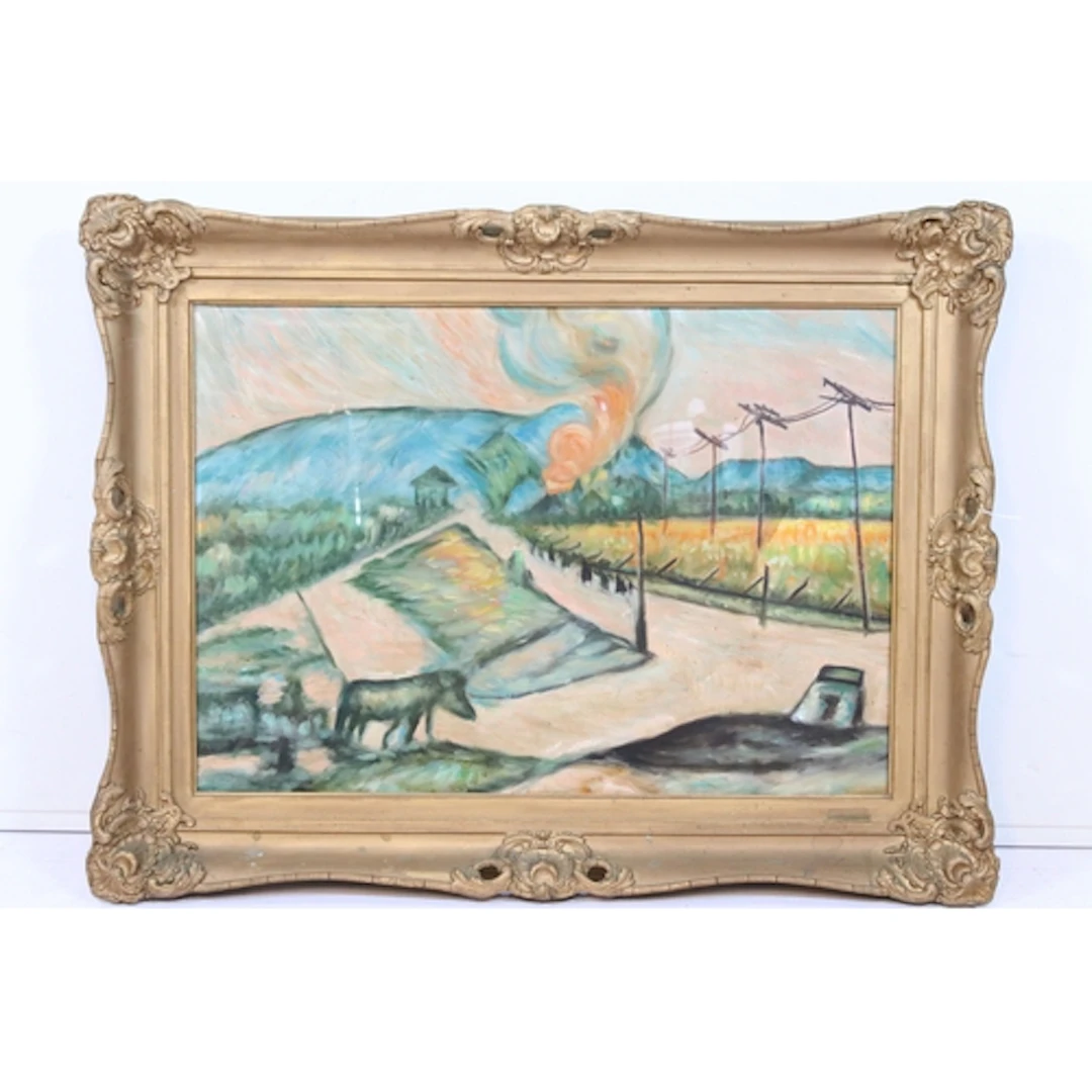 Expressionist style landscape with fields, rolling hills and...