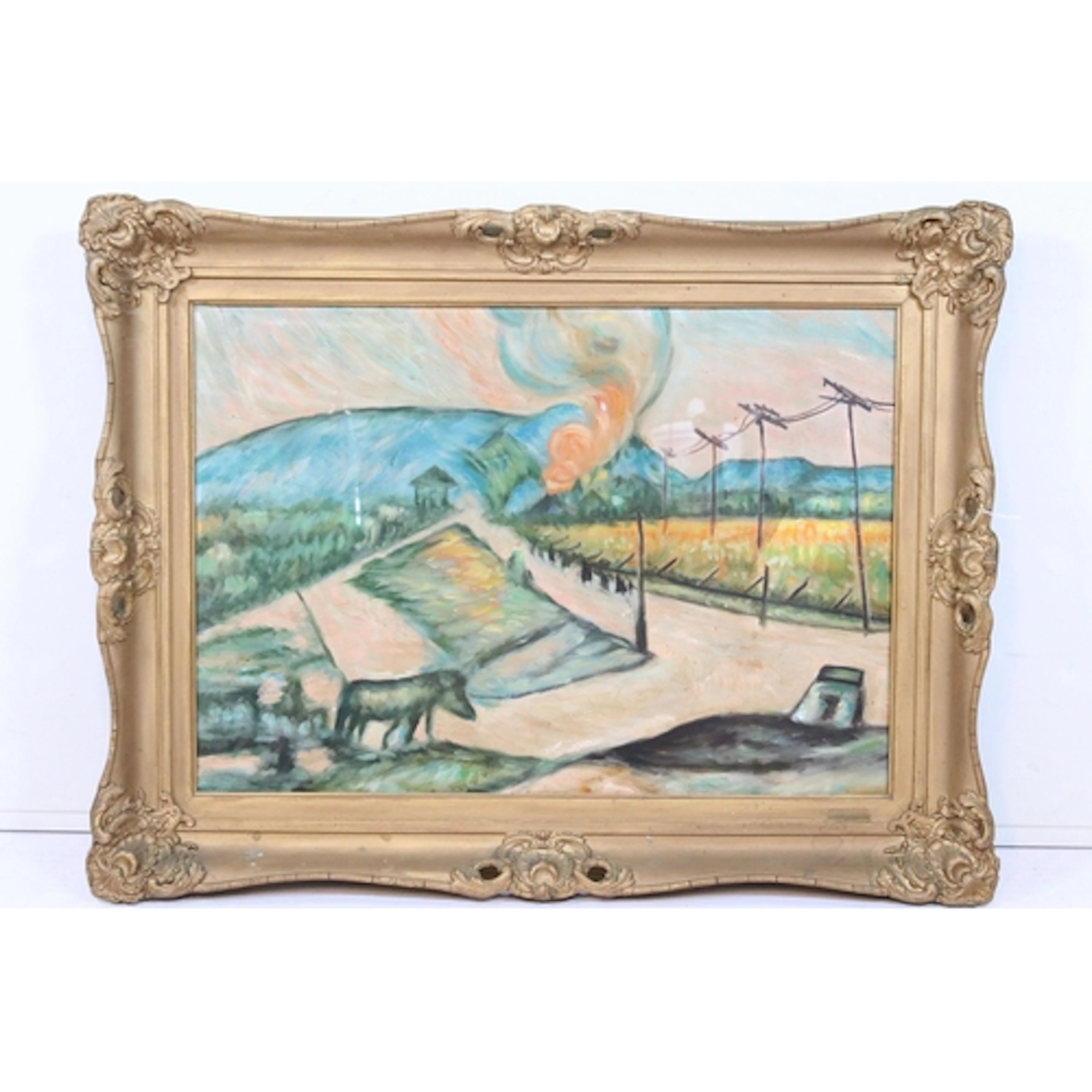 Expressionist style landscape with fields, rolling hills and...