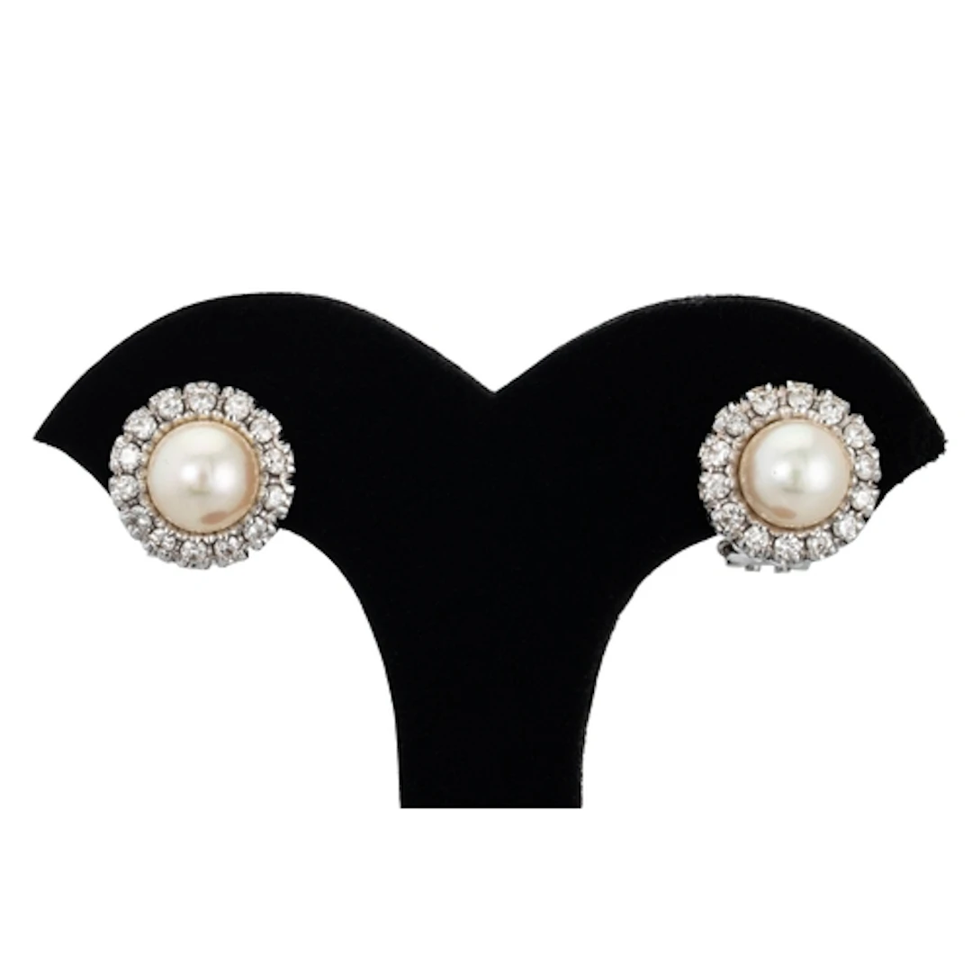 A PAIR OF CULTURED PEARL AND DIAMOND CLUSTER EARRINGS, mount...