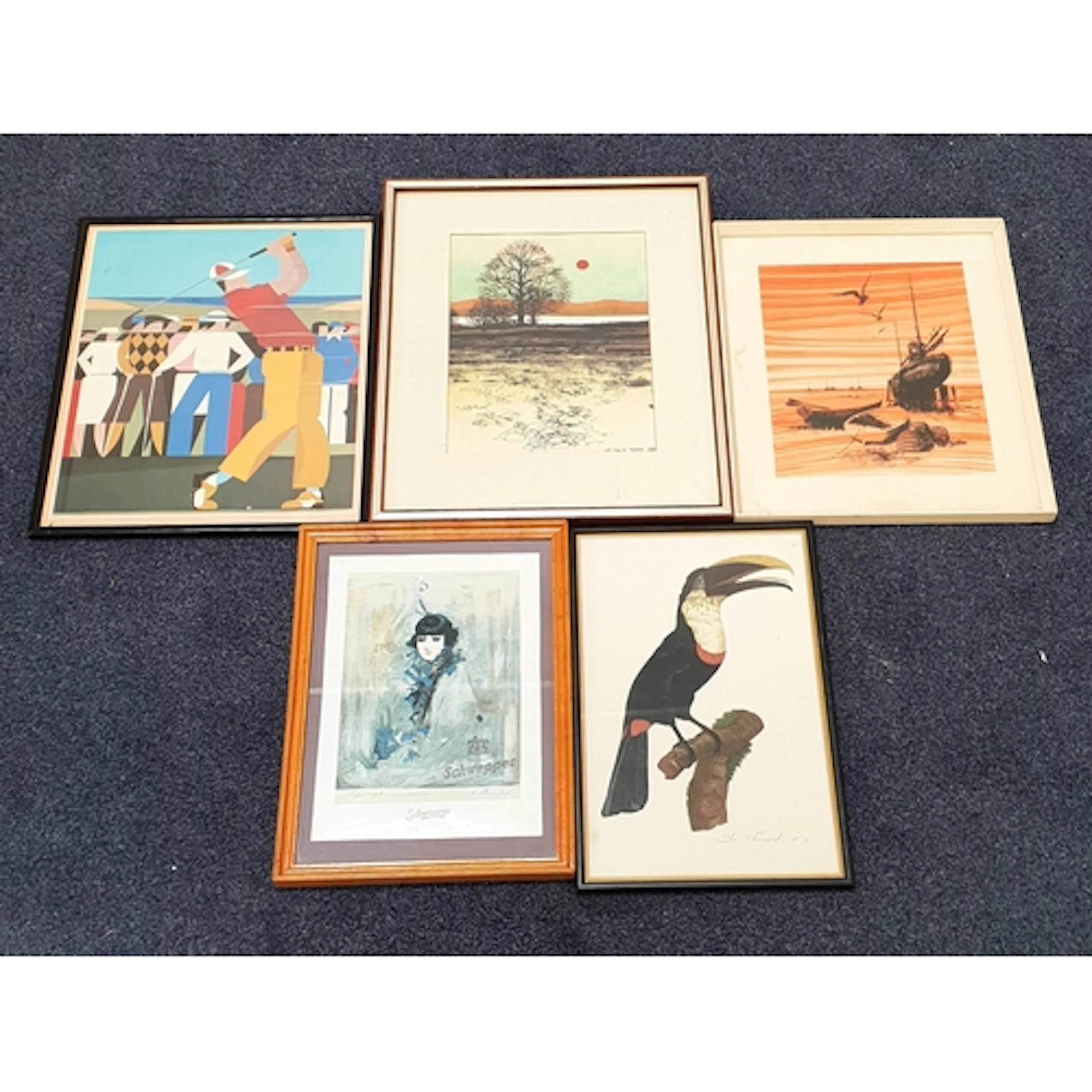 SELECTION OF FIVE PRINTS comprising a landscape screen print...