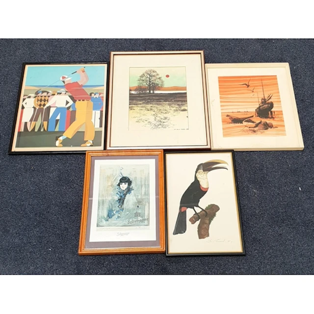 SELECTION OF FIVE PRINTS comprising a landscape screen print...