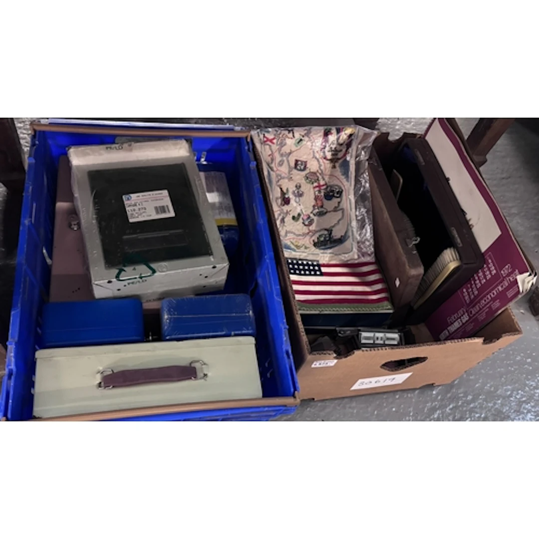 Two boxes of oddments to include: chrome finish moneyboxes i...