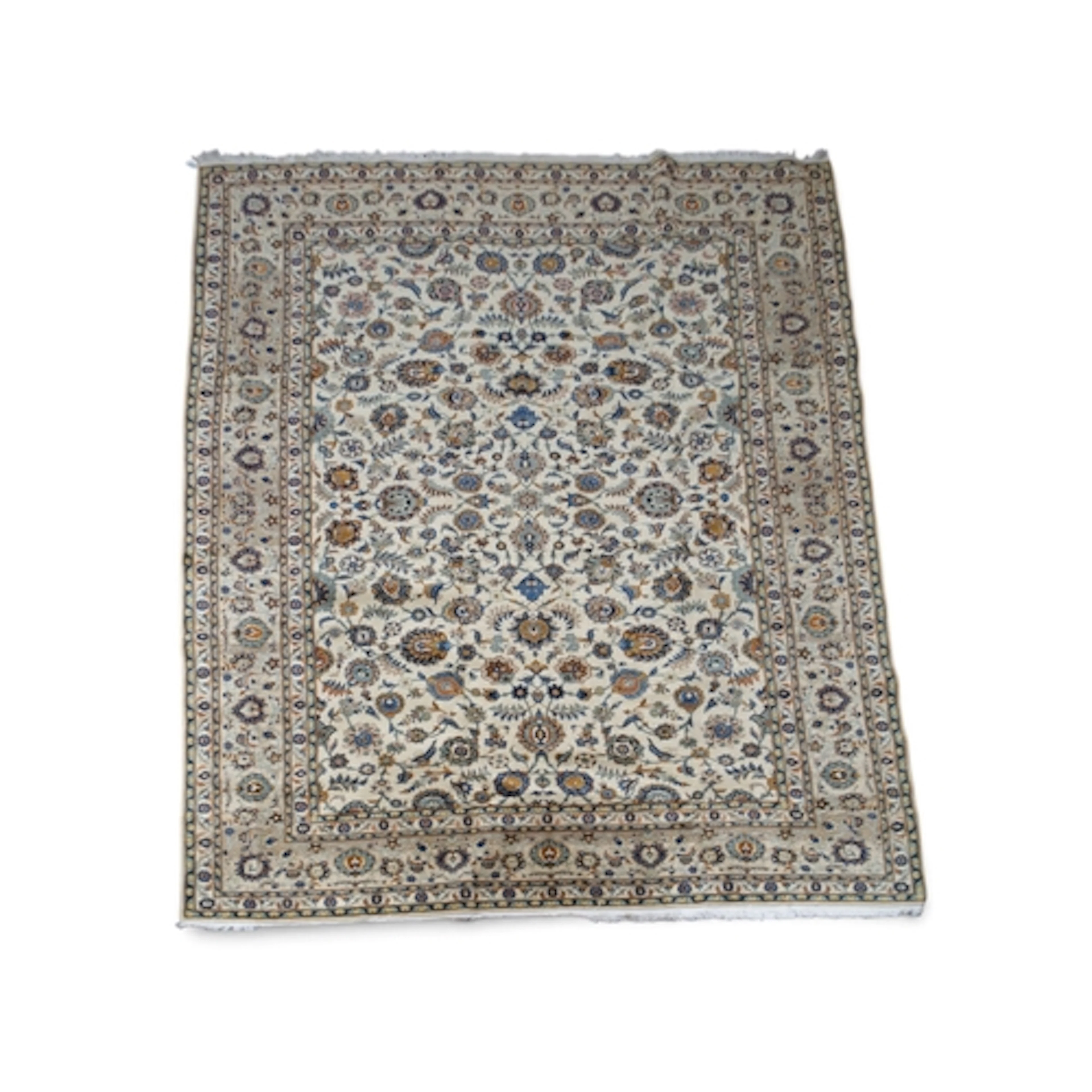 AN IVORY GROUND FINE PILE KASHAN RUG with all-over multicolo...