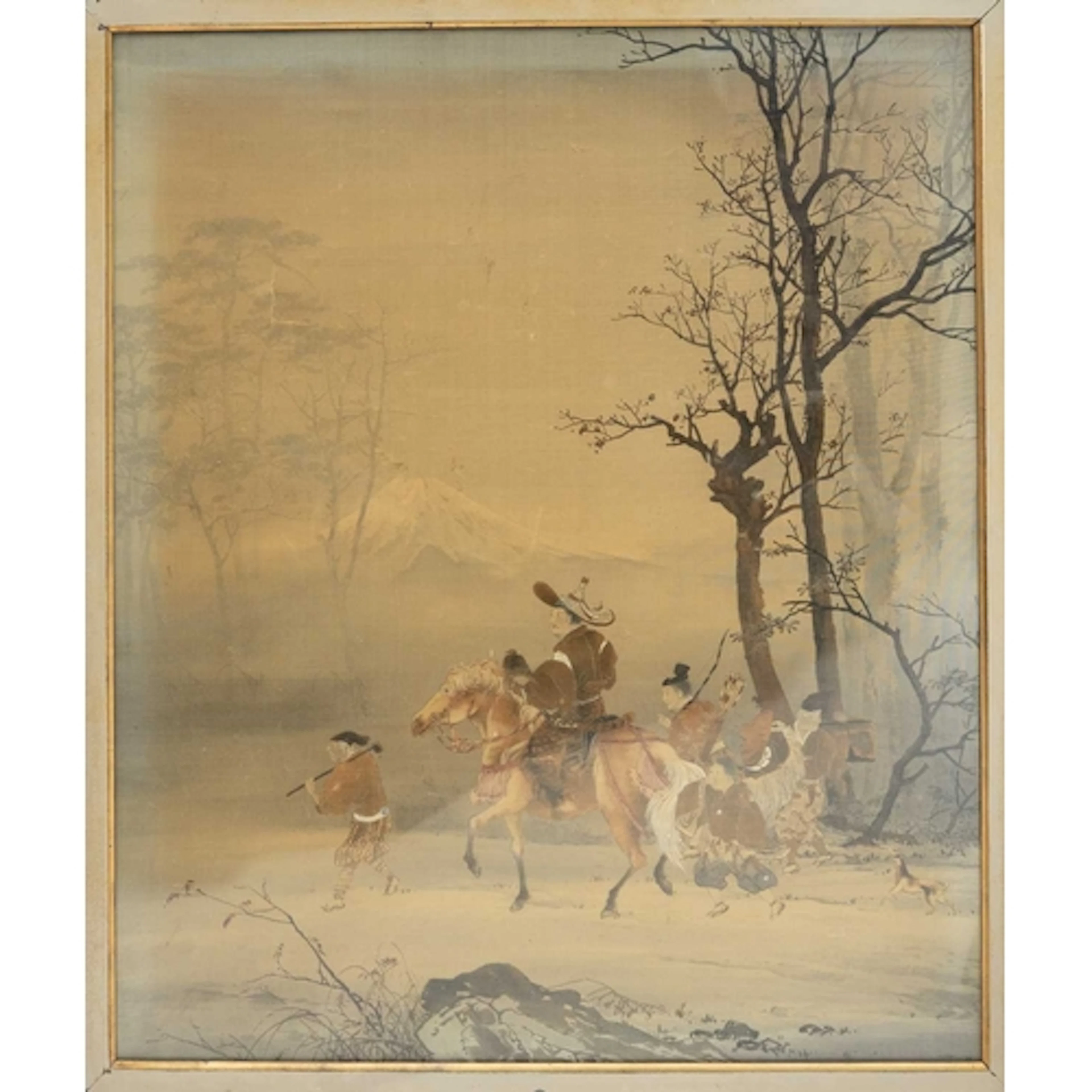 A large Japanese painting on silk. Meiji, painted with an ar...