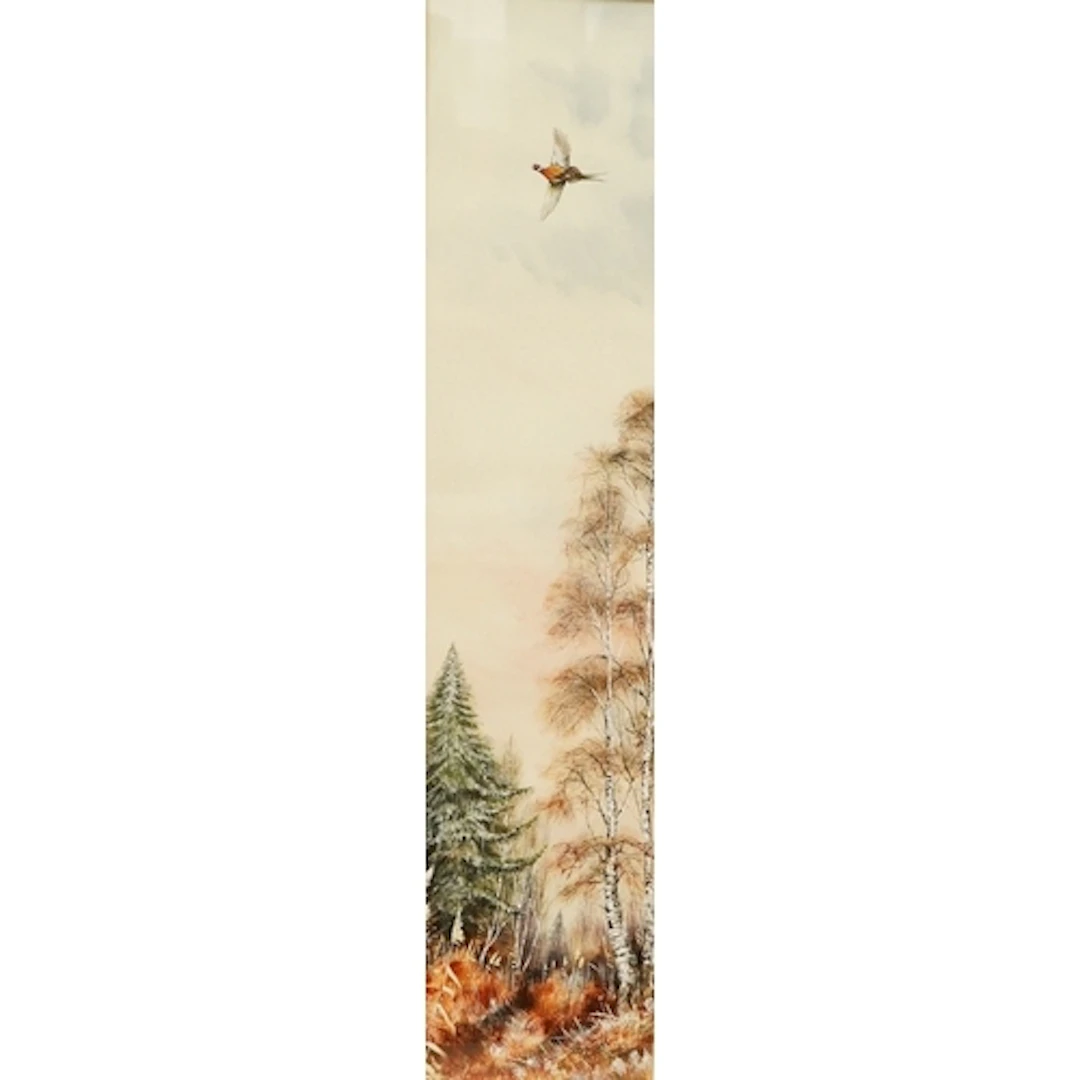 Ian Bowles (1947-2018), Pheasant in flight above trees, sign...