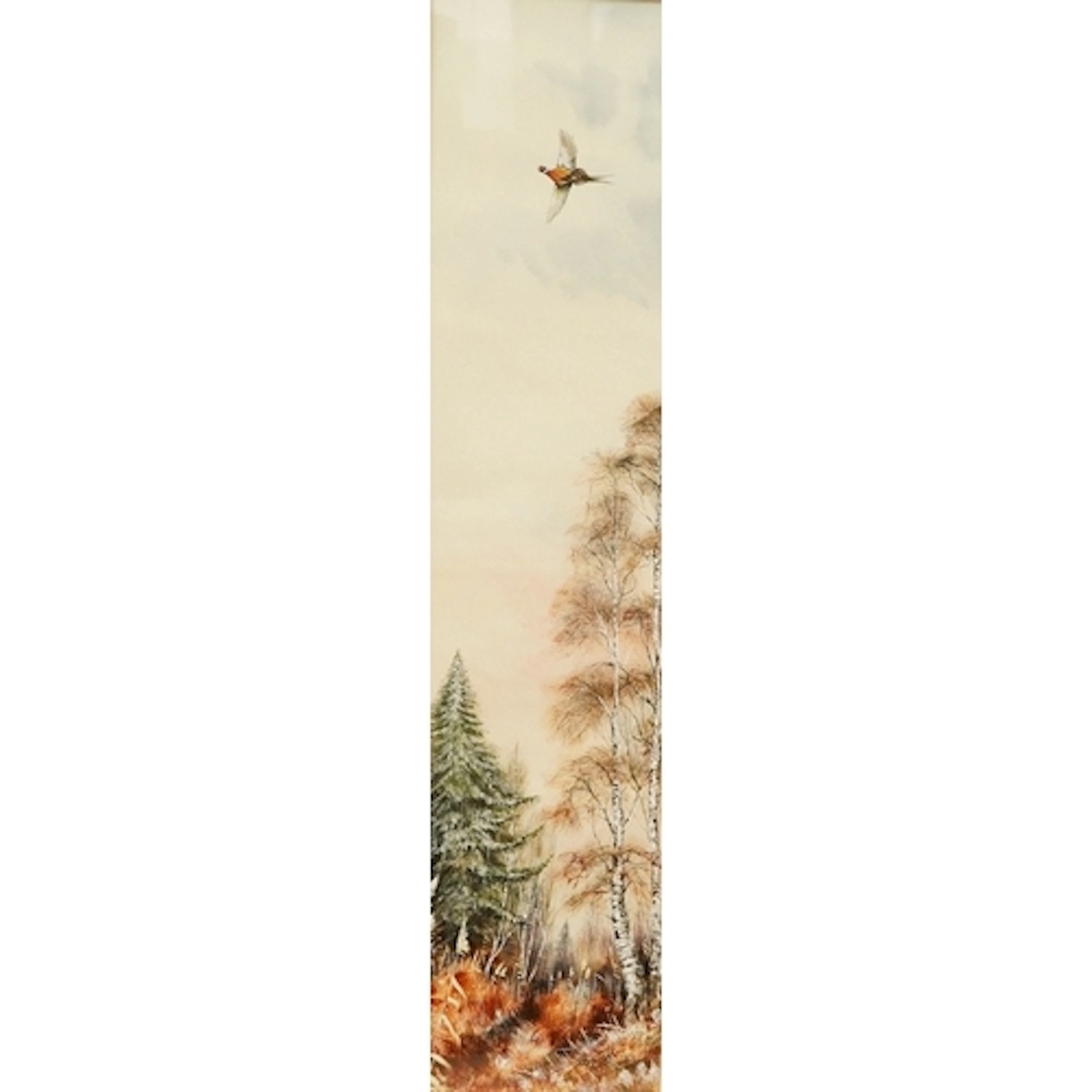 Ian Bowles (1947-2018), Pheasant in flight above trees, sign...