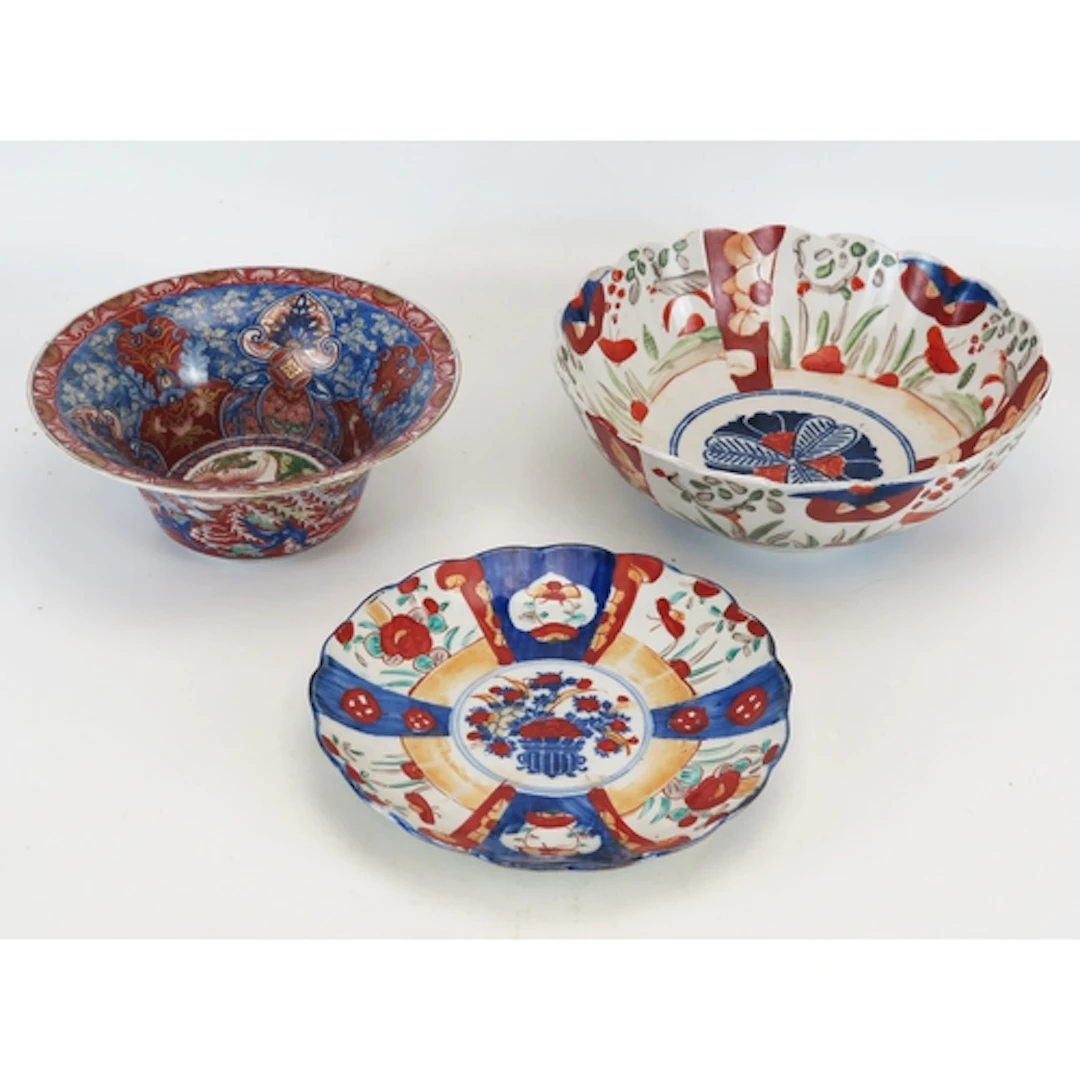 An Imari porcelain bowl, an Imari dish, and a Chinese Imari ...